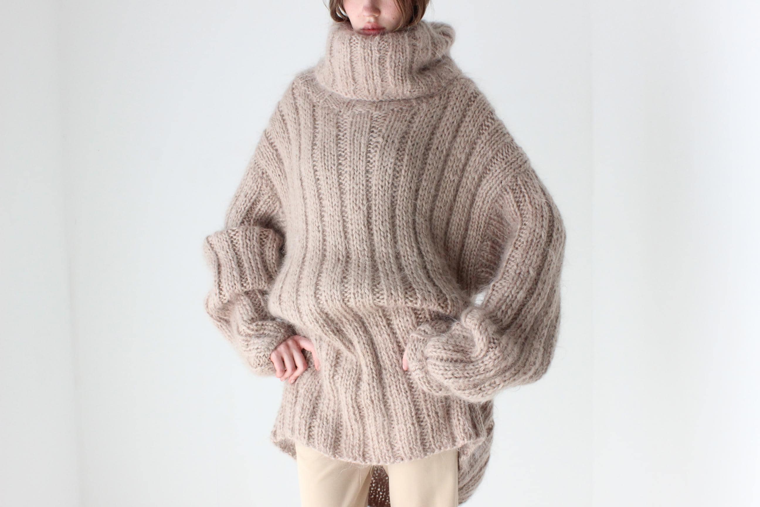 Amazing Hand Knit Wool & Mohair Chunky Beige Sweater