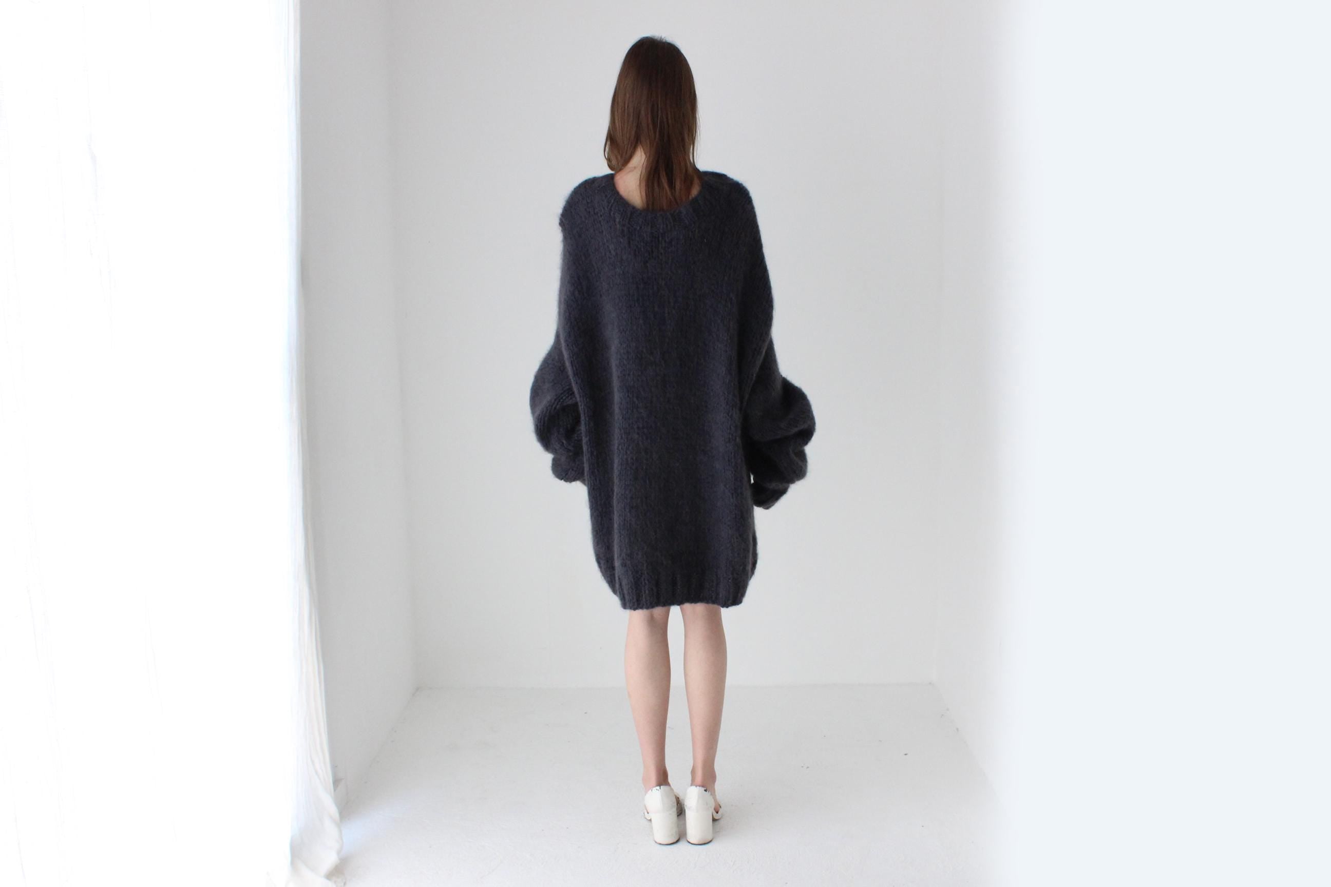 Hand Knit Wool Charcoal Grey Oversized Unisex Sweater w/ Detachable Collar / Hood