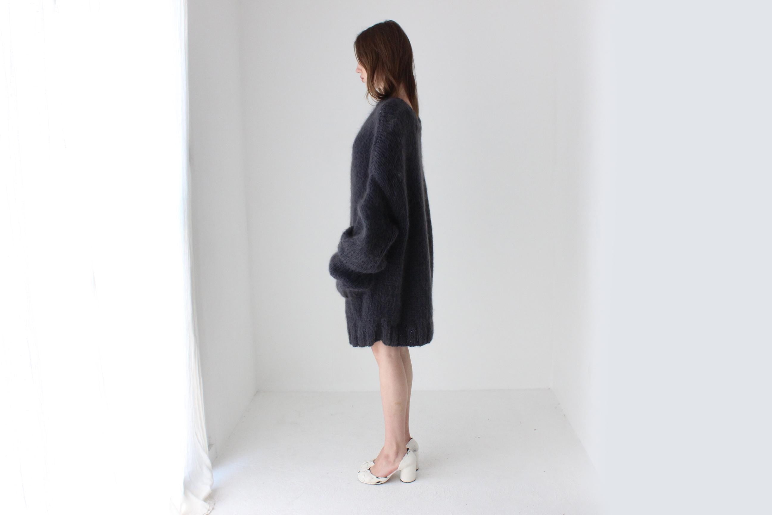 Hand Knit Wool Charcoal Grey Oversized Unisex Sweater w/ Detachable Collar / Hood