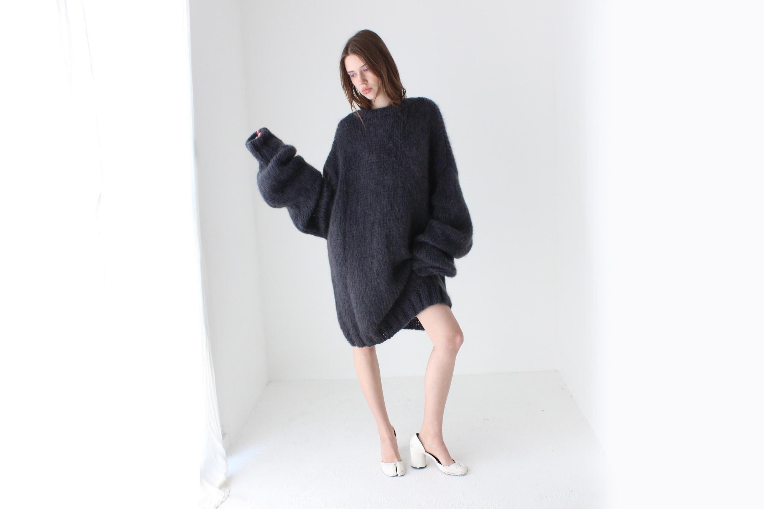 Hand Knit Wool Charcoal Grey Oversized Unisex Sweater w/ Detachable Collar / Hood