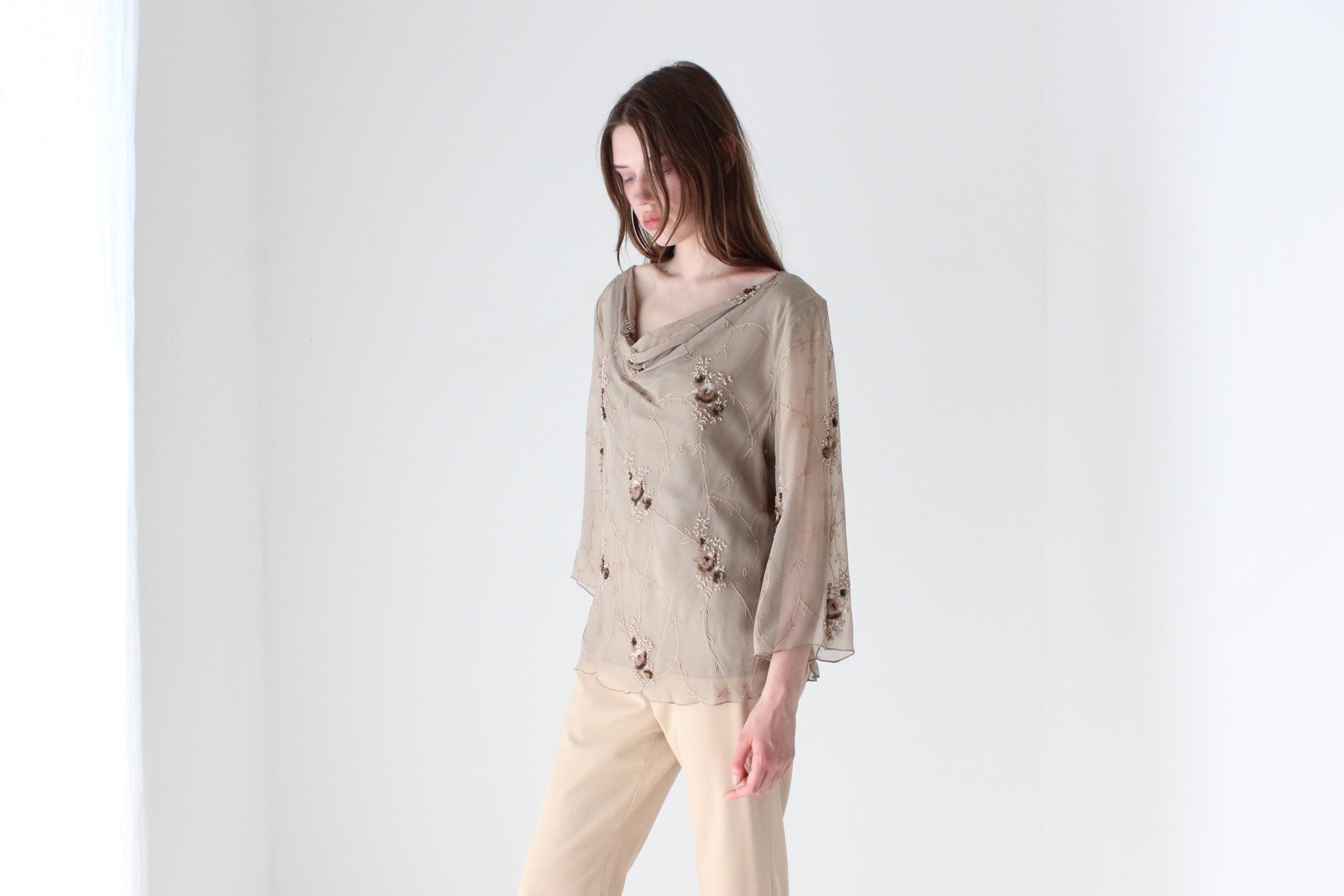 Y2K Beige Silk Cowl Neck Top
