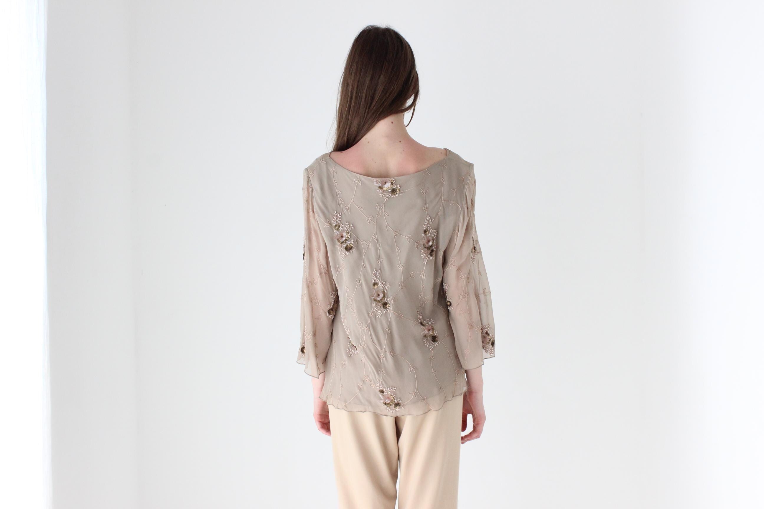 Y2K Beige Silk Cowl Neck Top