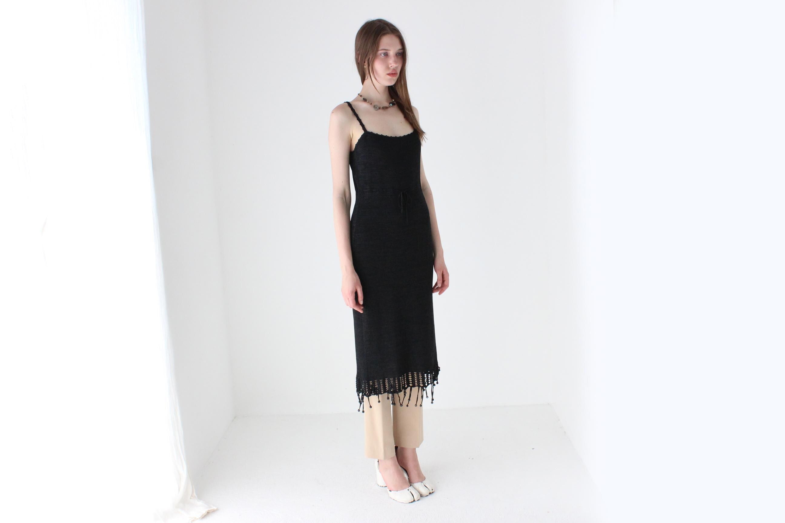 90s Chic Lurex Knit Fitted Dress w/ Beaded Tassel Fringe