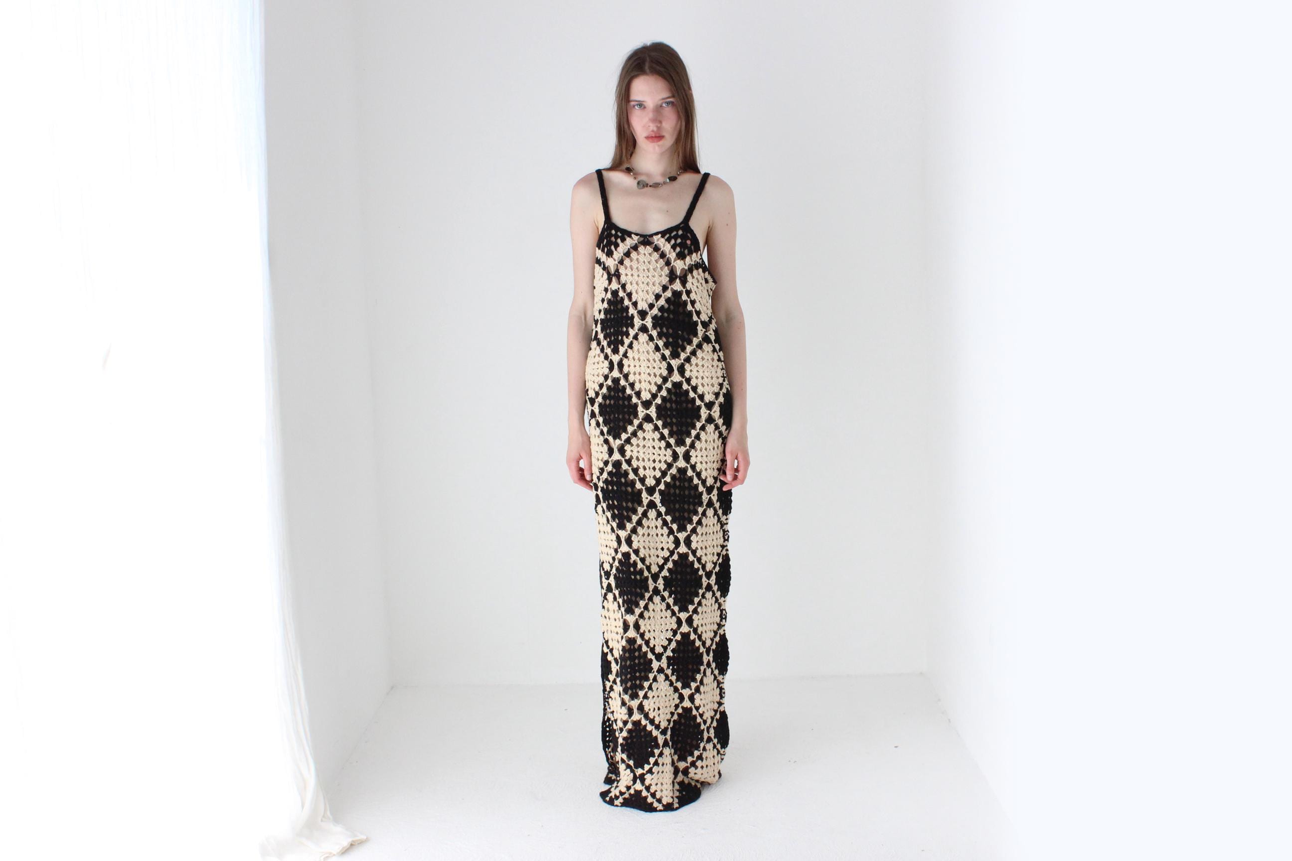 Black & Beige Square Crochet Knit Maxi Dress