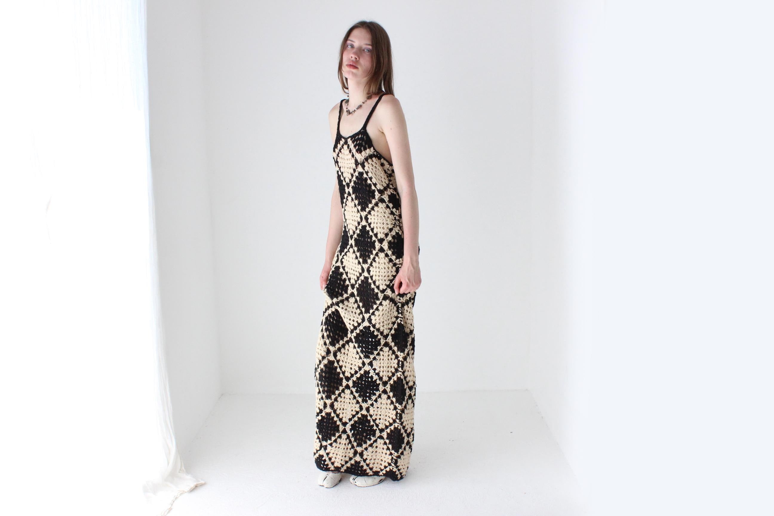 Black & Beige Square Crochet Knit Maxi Dress