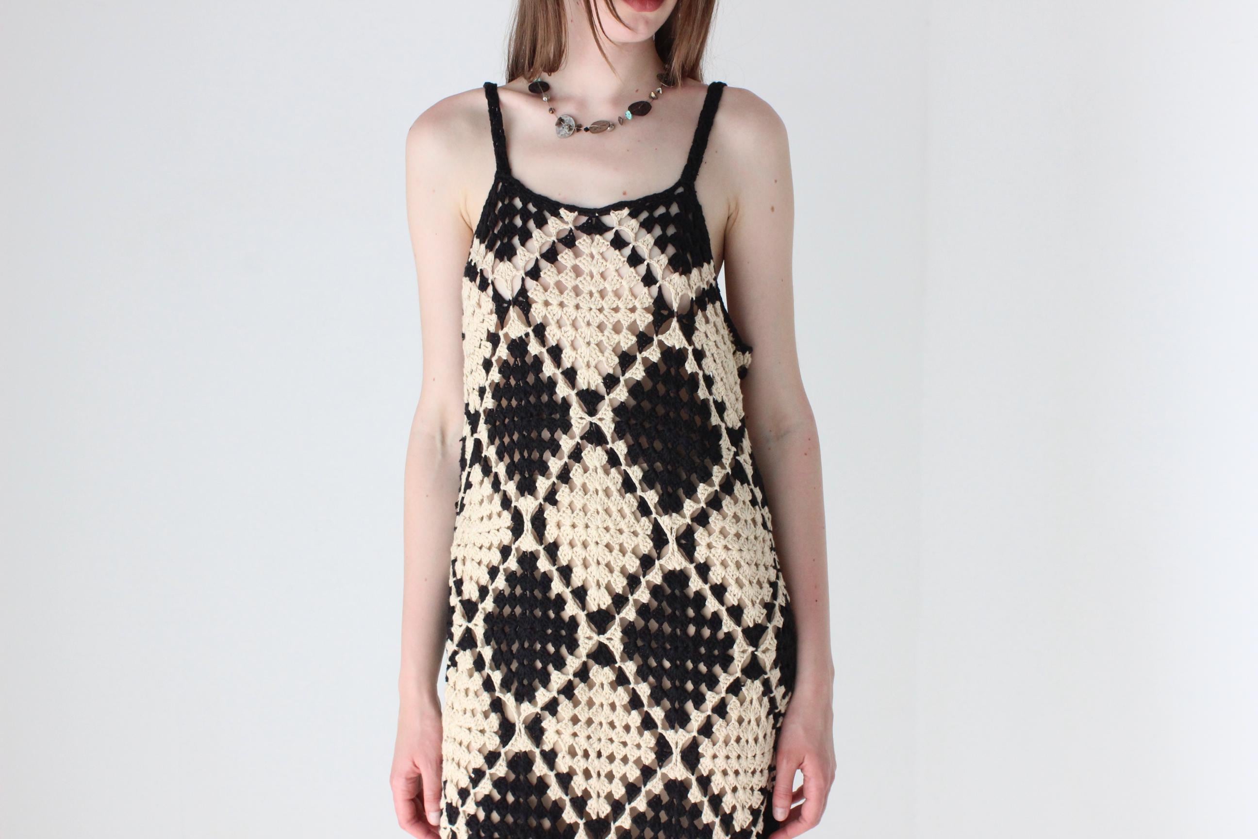 Black & Beige Square Crochet Knit Maxi Dress