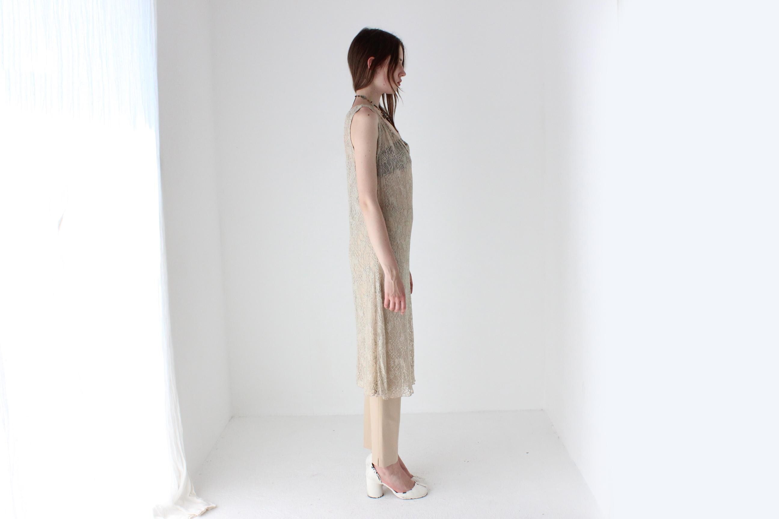 90s Italian Vintage Sheer Beige Lace Layering Dress