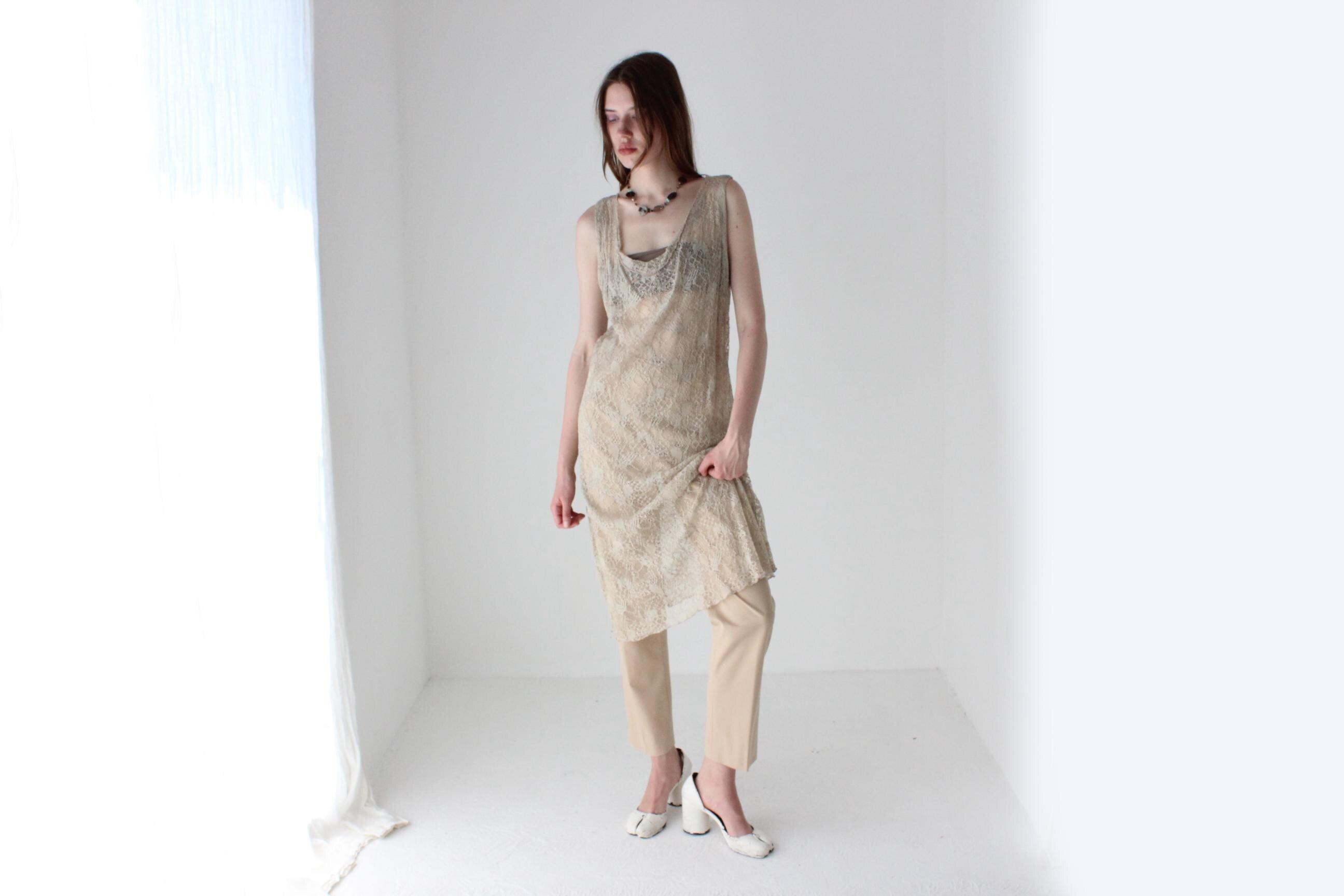 90s Italian Vintage Sheer Beige Lace Layering Dress