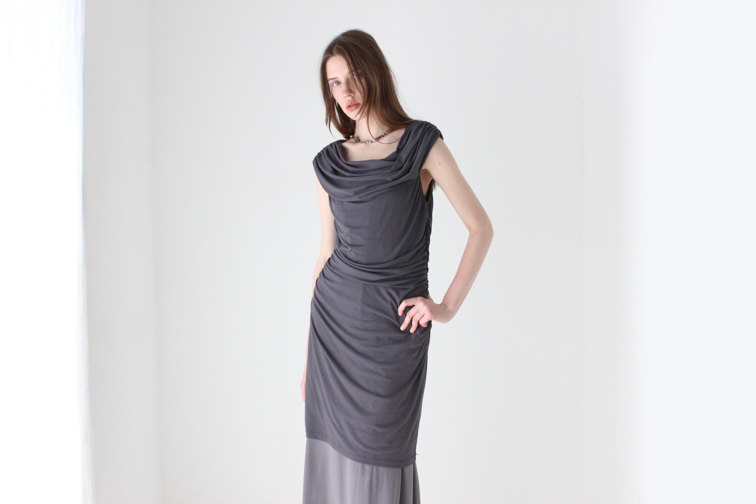 Y2K Stretch Ruched Grey Layering Dress