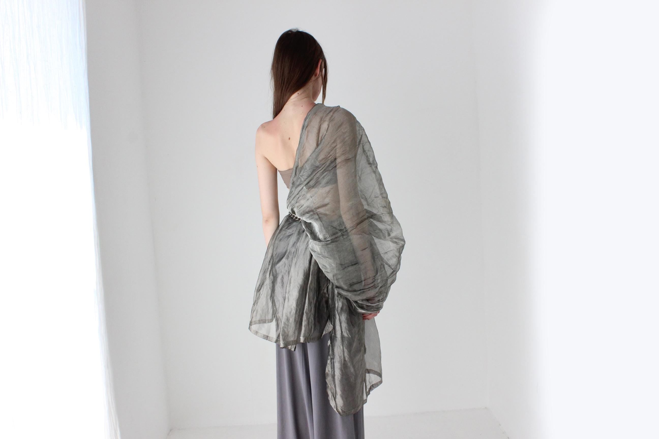 Metallic Silver Crinkle Organza Multi-Way Dramatic Shawl