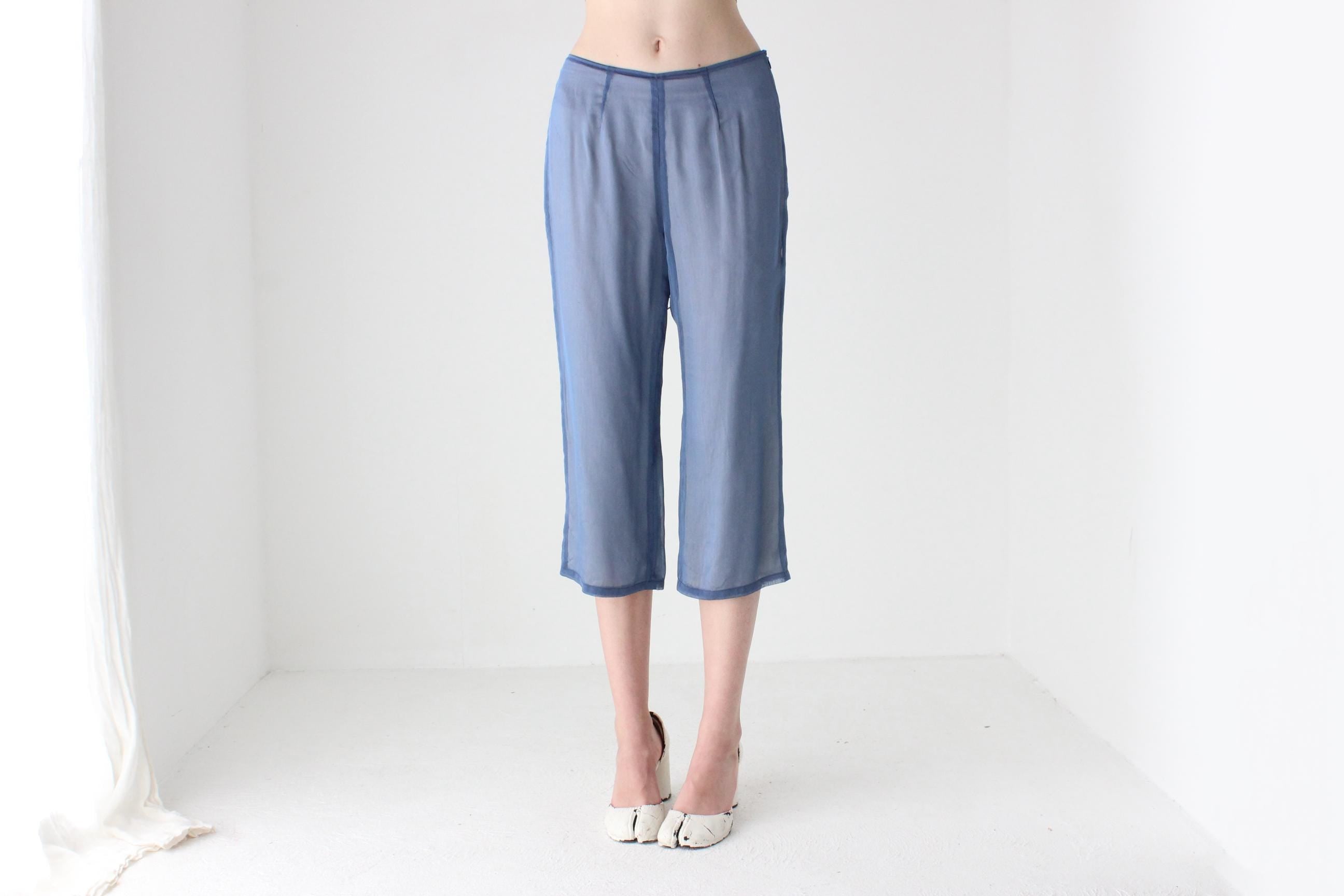 90s Futuristic Sheer Blue 'Illusion' Silk Capri Pants
