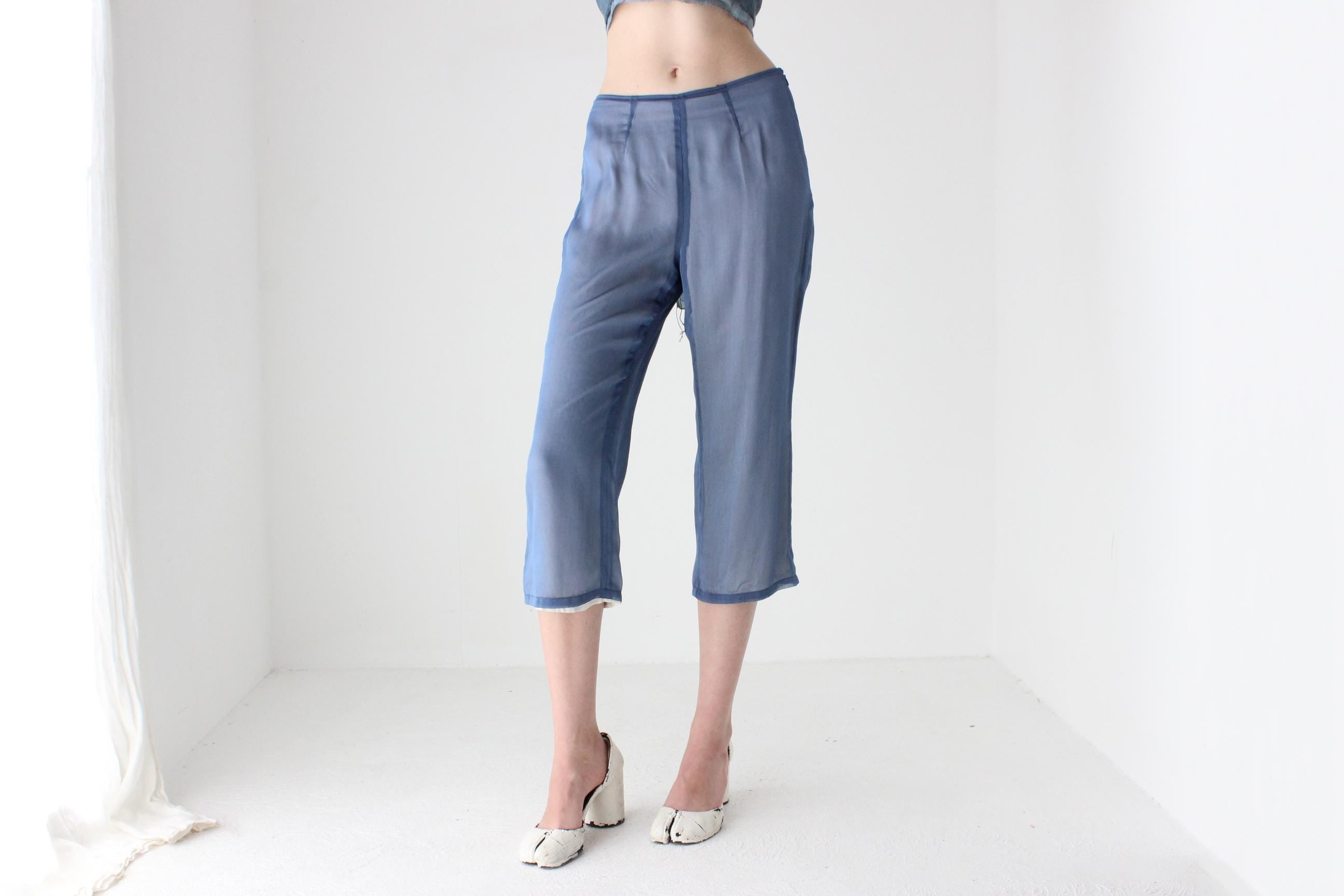 90s Futuristic Sheer Blue 'Illusion' Silk Capri Pants