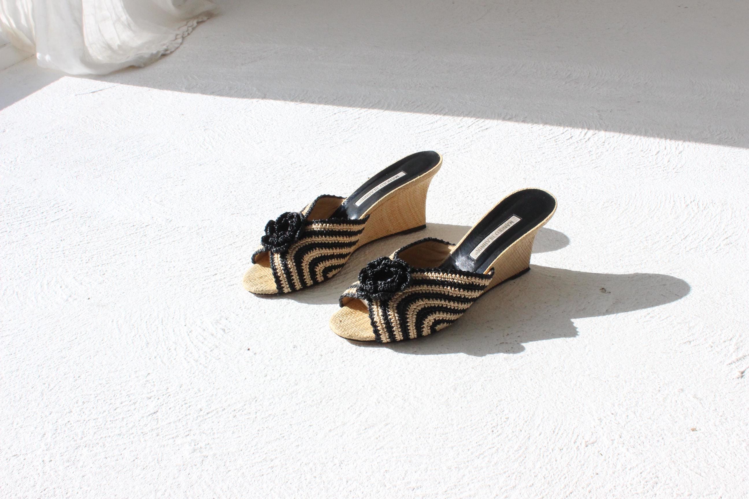 Vintage Manolo Blahnik Striped Raffia Wedges w/ 3D Flower ~ Euro 38