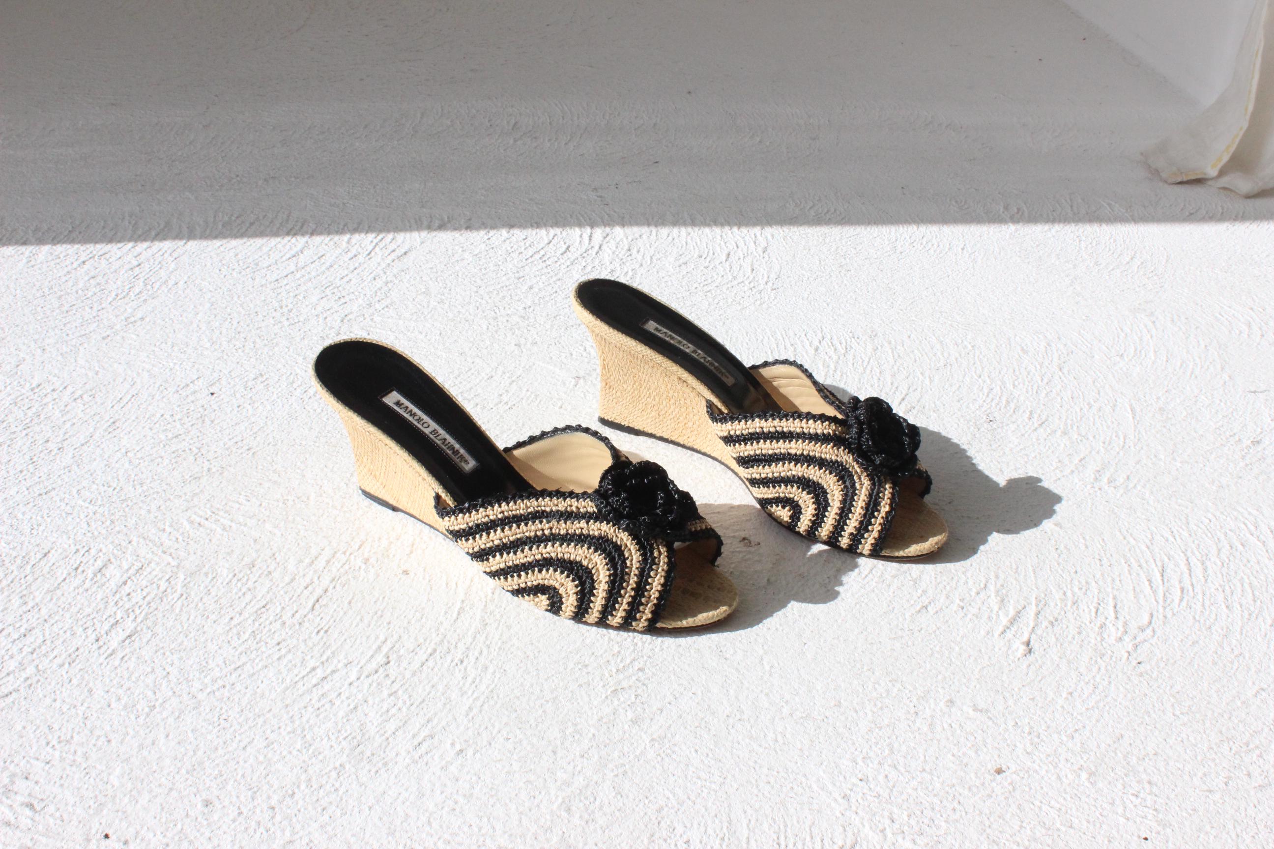 Vintage Manolo Blahnik Striped Raffia Wedges w/ 3D Flower ~ Euro 38