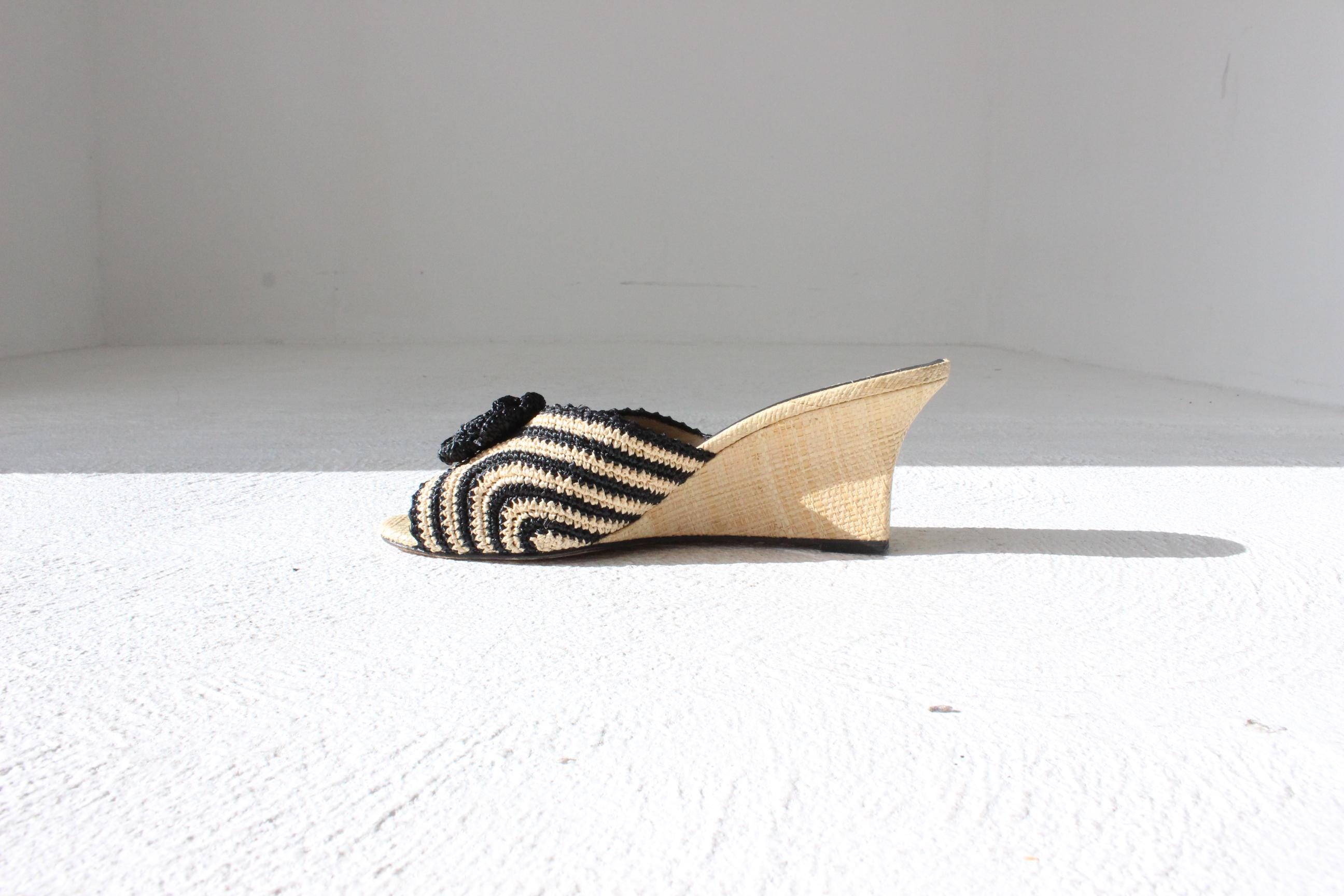 Vintage Manolo Blahnik Striped Raffia Wedges w/ 3D Flower ~ Euro 38