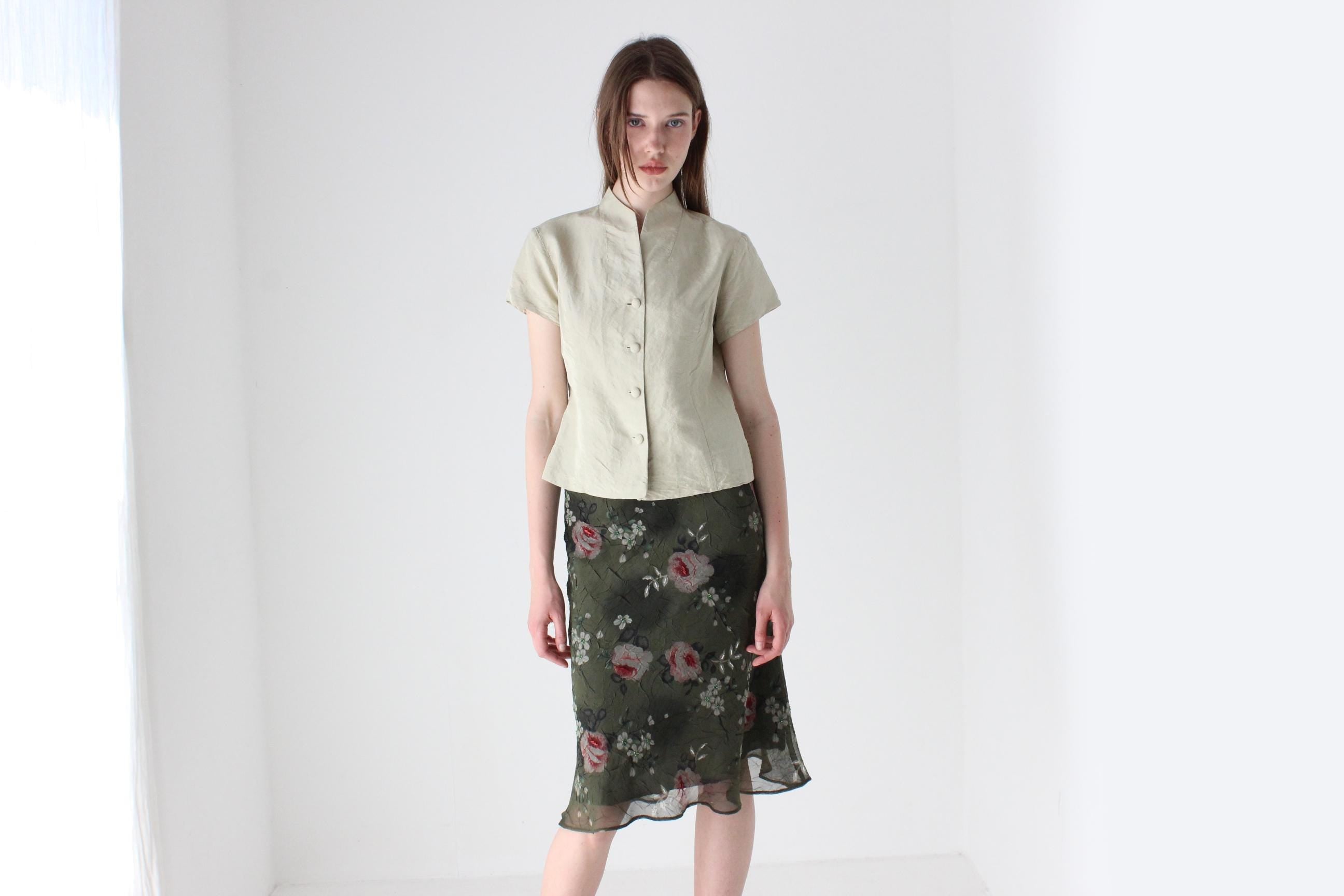 90s Arty Rose Print Knee Length Skirt by 'Miss Cool'