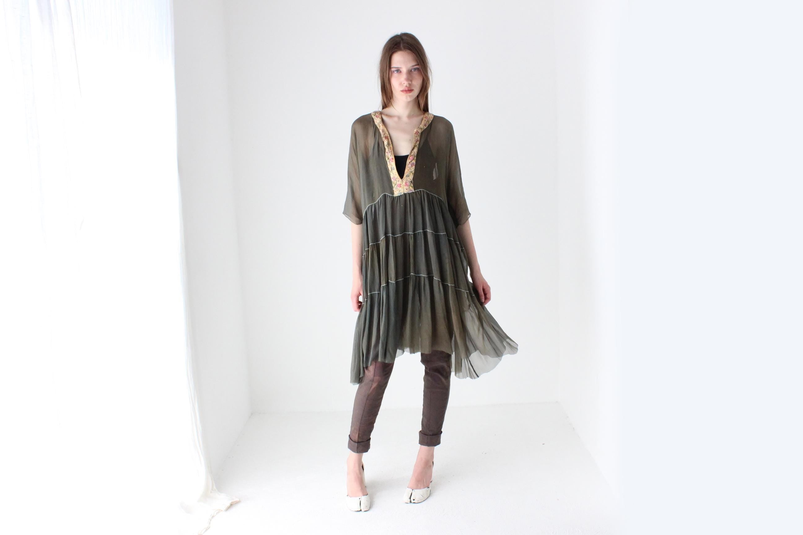 Antique Silk Delicate Sheer Ruffle Dress