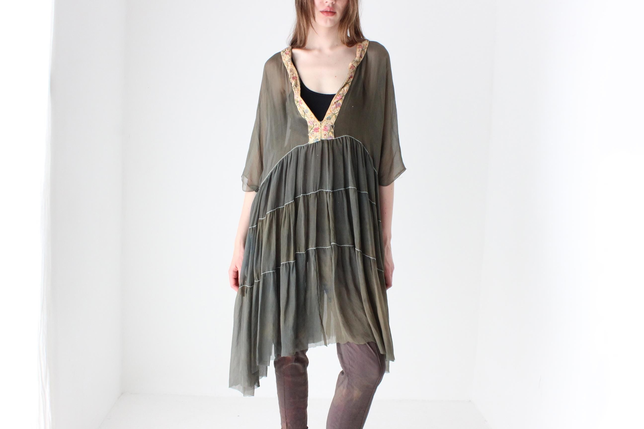Antique Silk Delicate Sheer Ruffle Dress