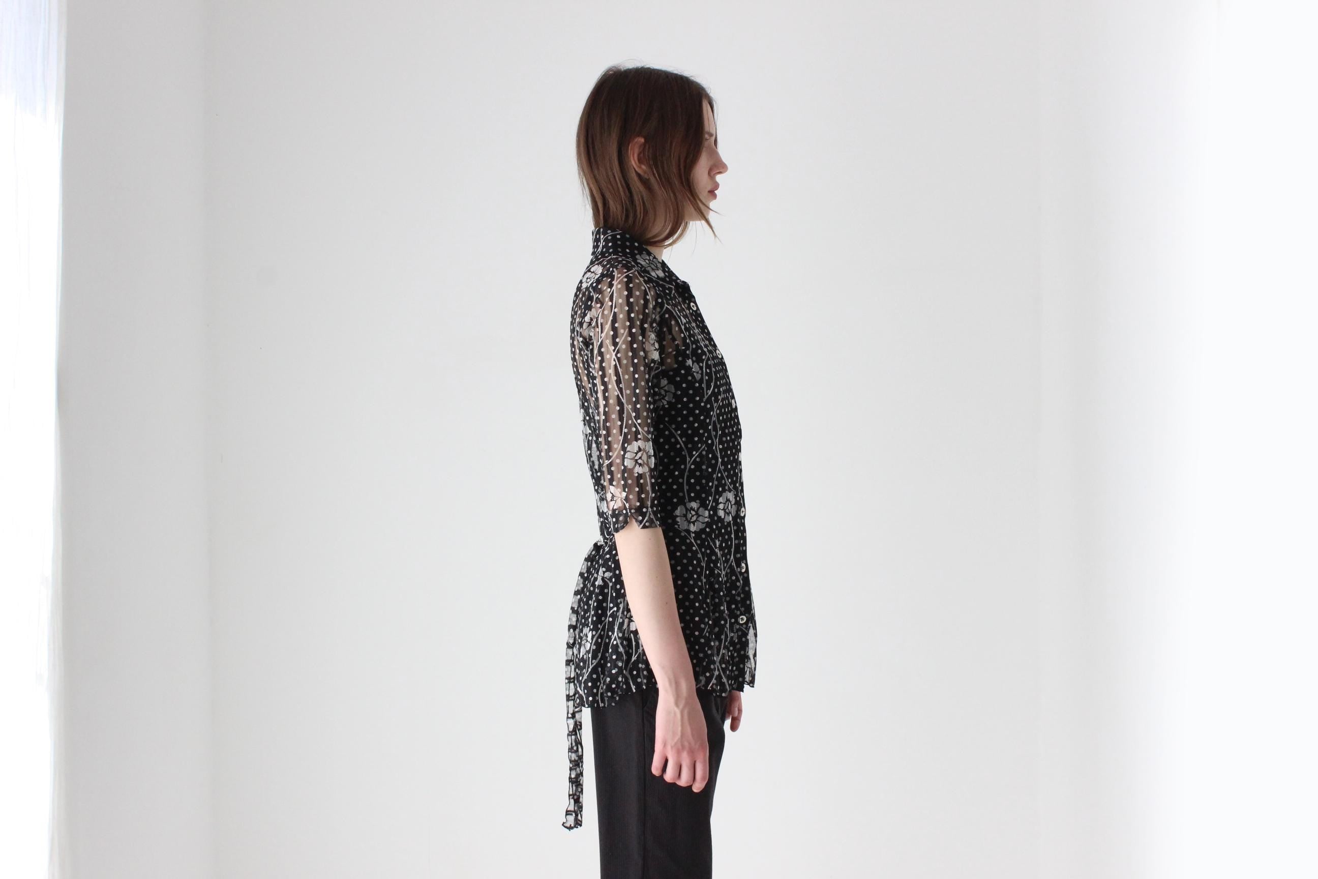 Y2K Arty, Abstract Sheer Printed Mesh Button Up