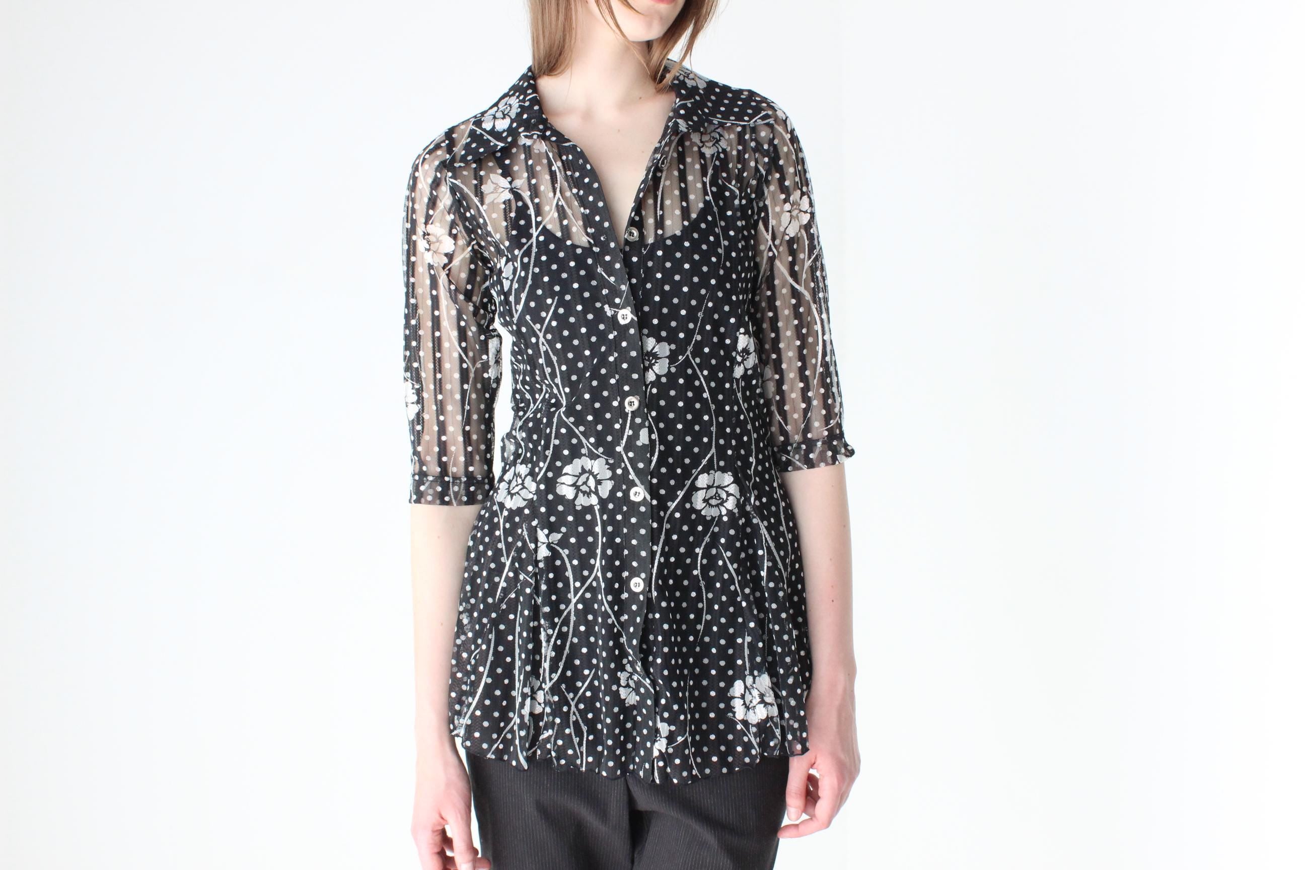 Y2K Arty, Abstract Sheer Printed Mesh Button Up