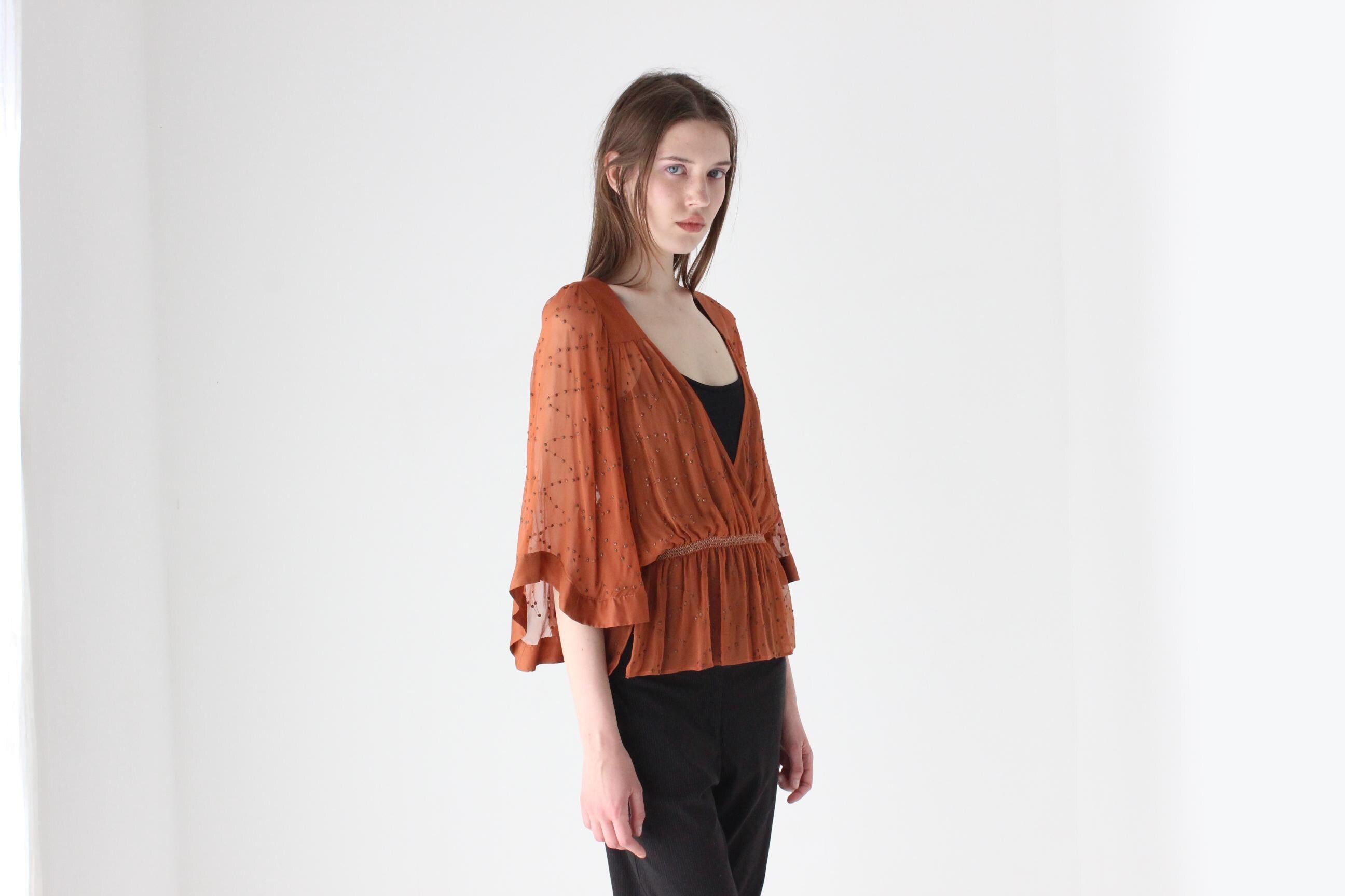 Early 2000s Sportsgirl Quality Silk Boho Top w/ Brass Studs