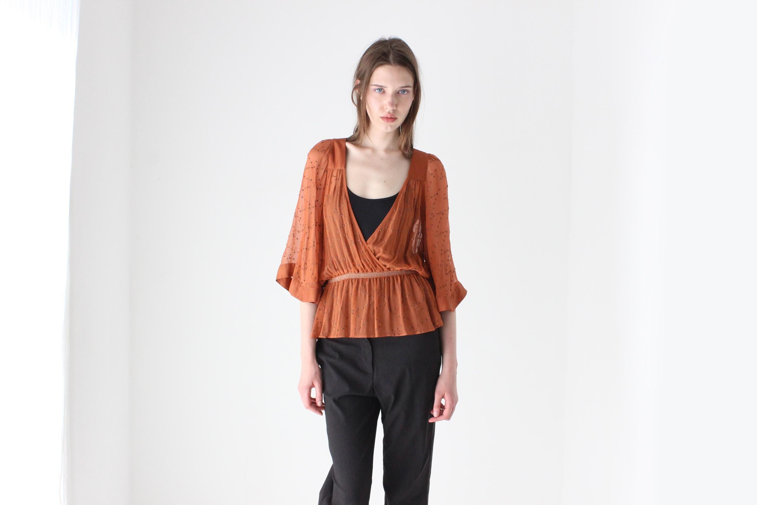 Early 2000s Sportsgirl Quality Silk Boho Top w/ Brass Studs