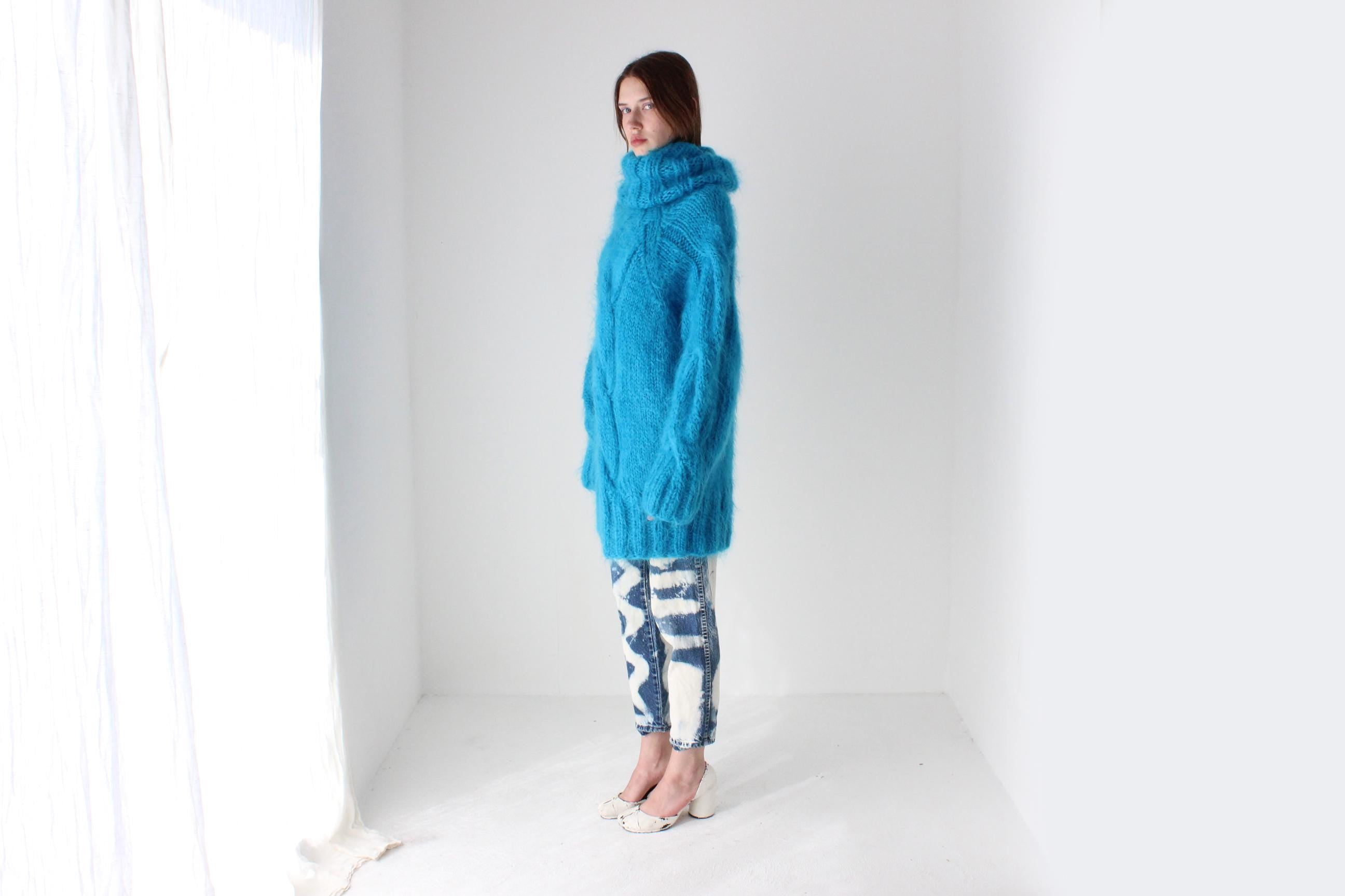 Aqua Hand Knit Wool & Mohair Cable Knit Sweater