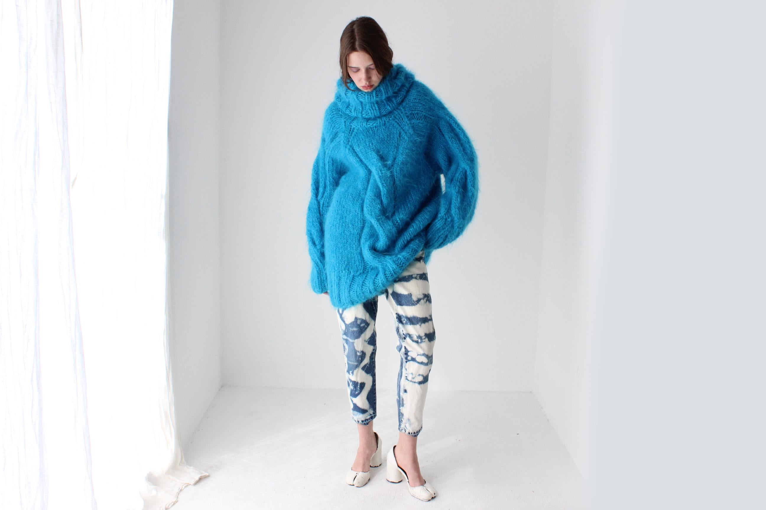Aqua Hand Knit Wool & Mohair Cable Knit Sweater