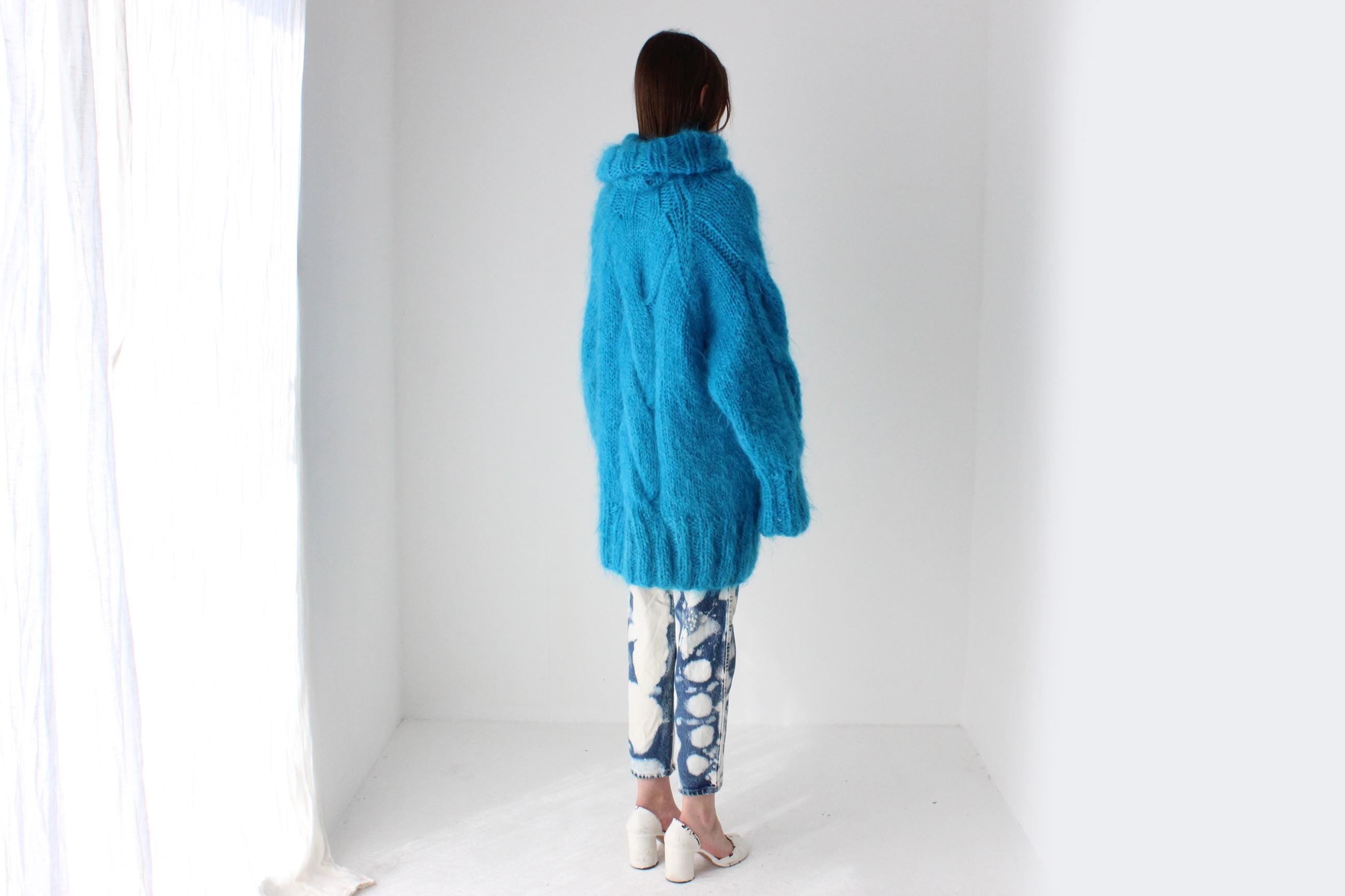 Aqua Hand Knit Wool & Mohair Cable Knit Sweater