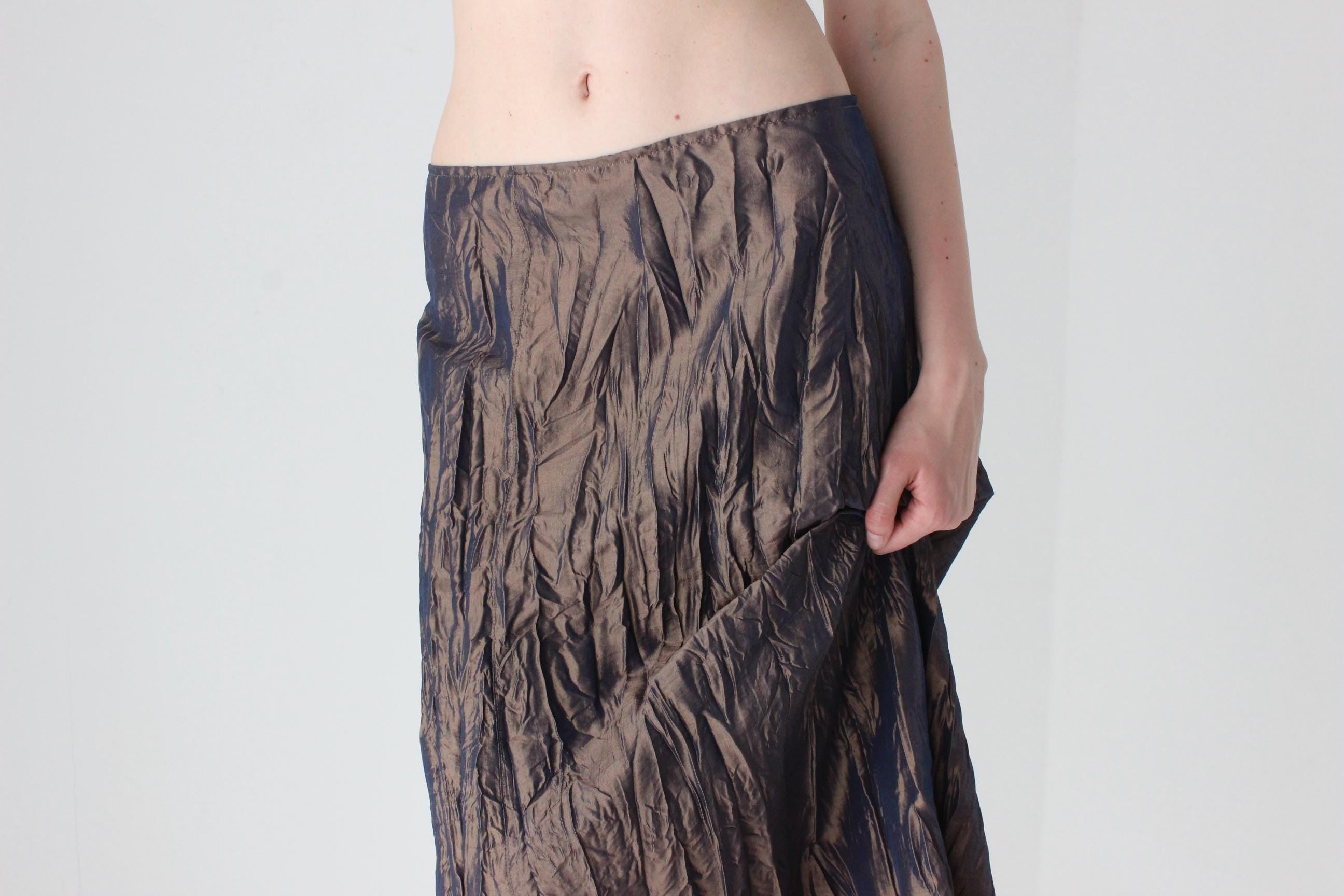 Y2K French Designer Metallic Crinkle Midi Skirt