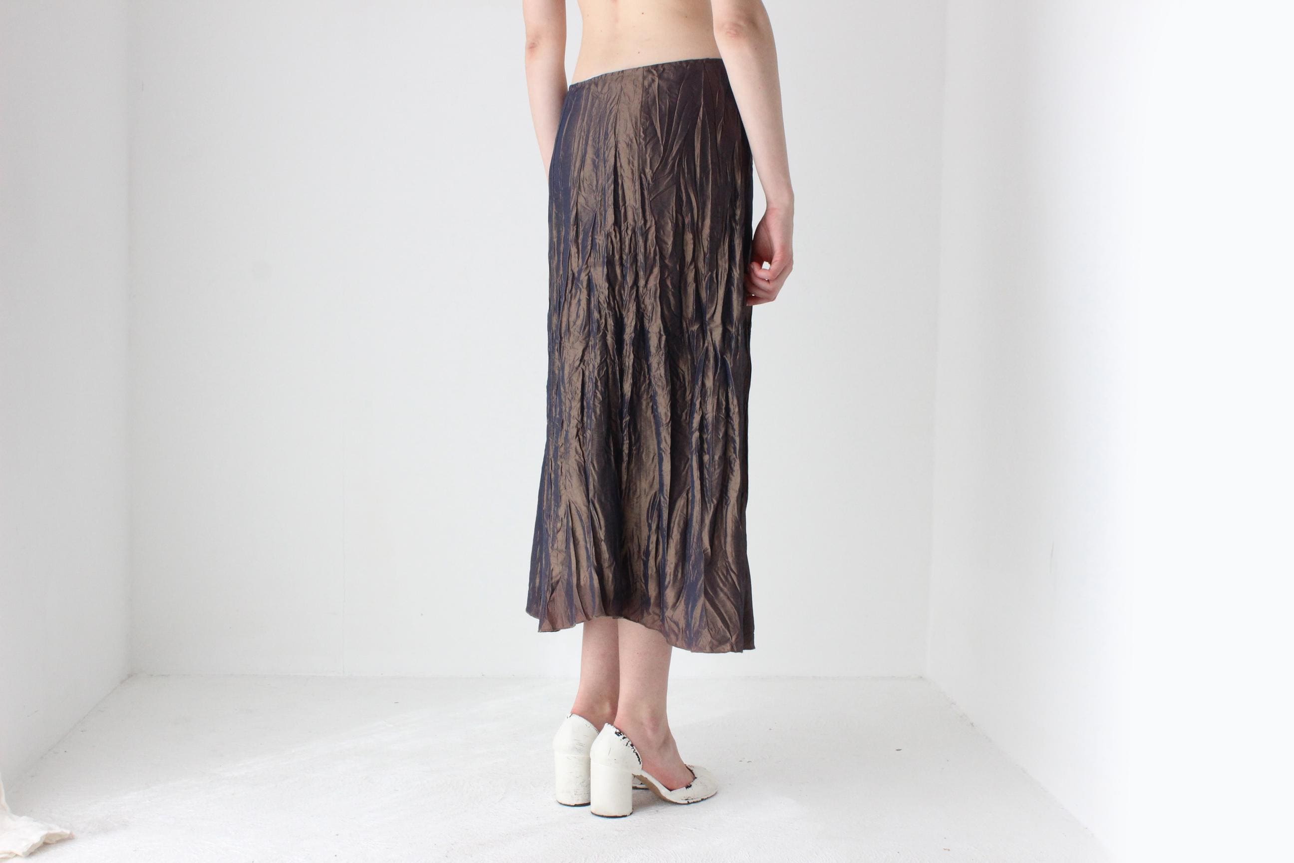 Y2K French Designer Metallic Crinkle Midi Skirt