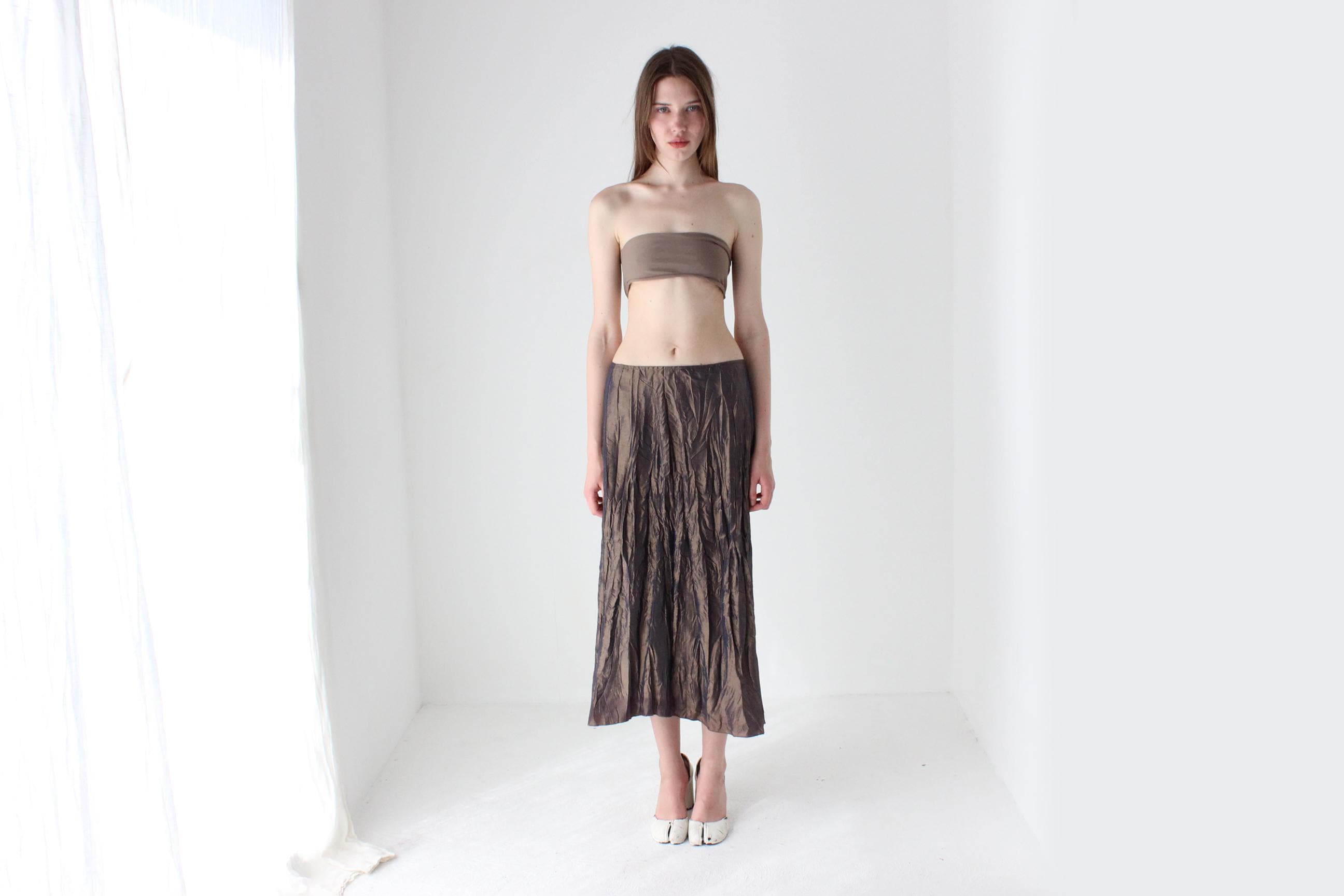 Y2K French Designer Metallic Crinkle Midi Skirt