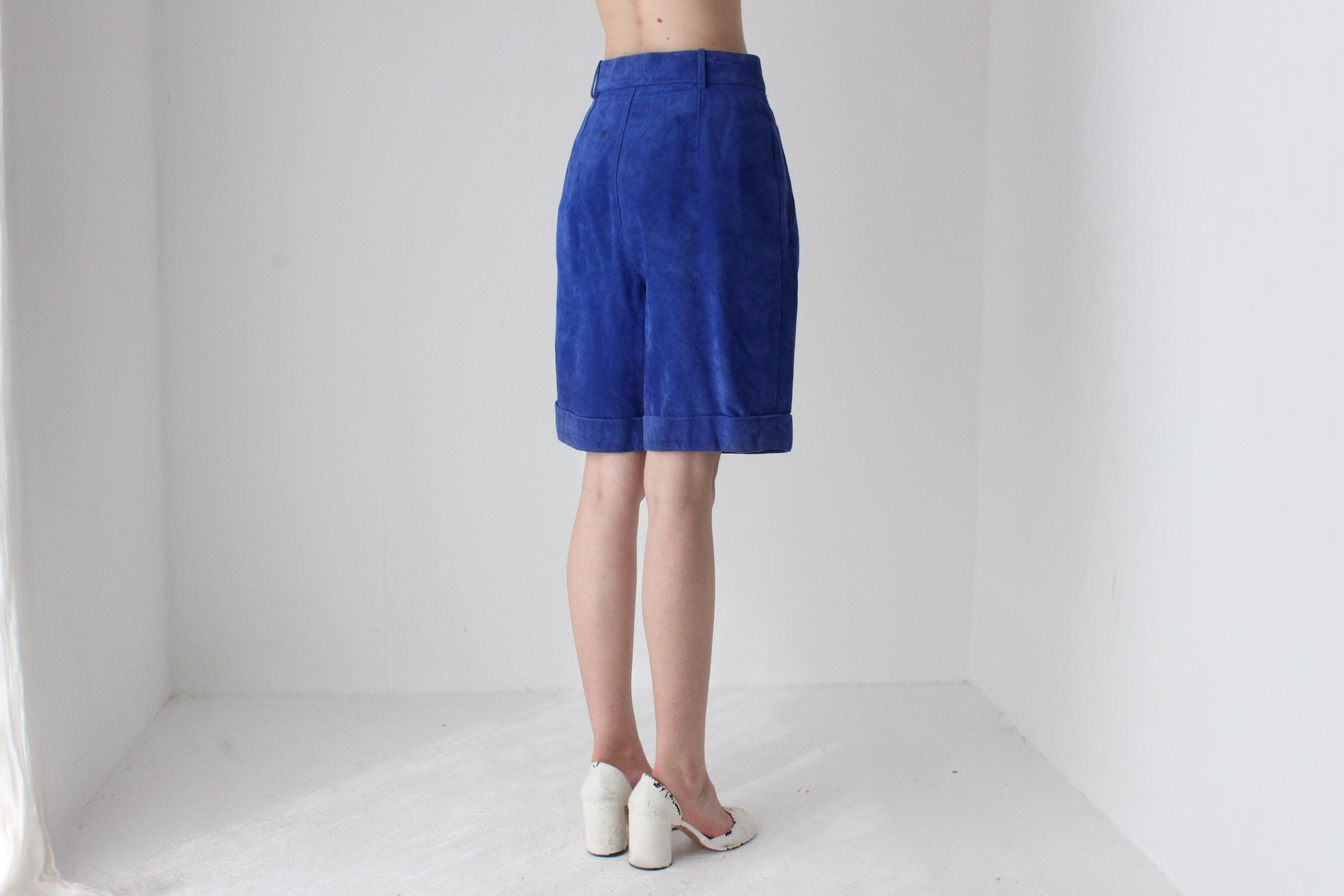 80s Cobalt Suede Knee Length Shorts w/ Belt