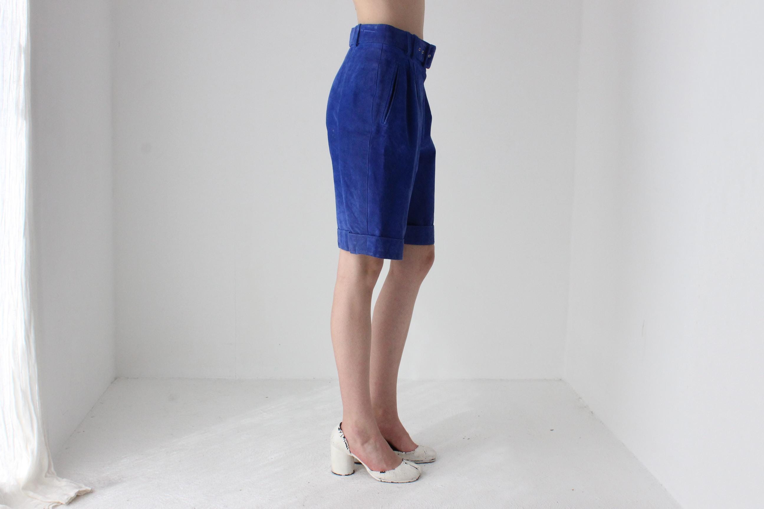 80s Cobalt Suede Knee Length Shorts w/ Belt