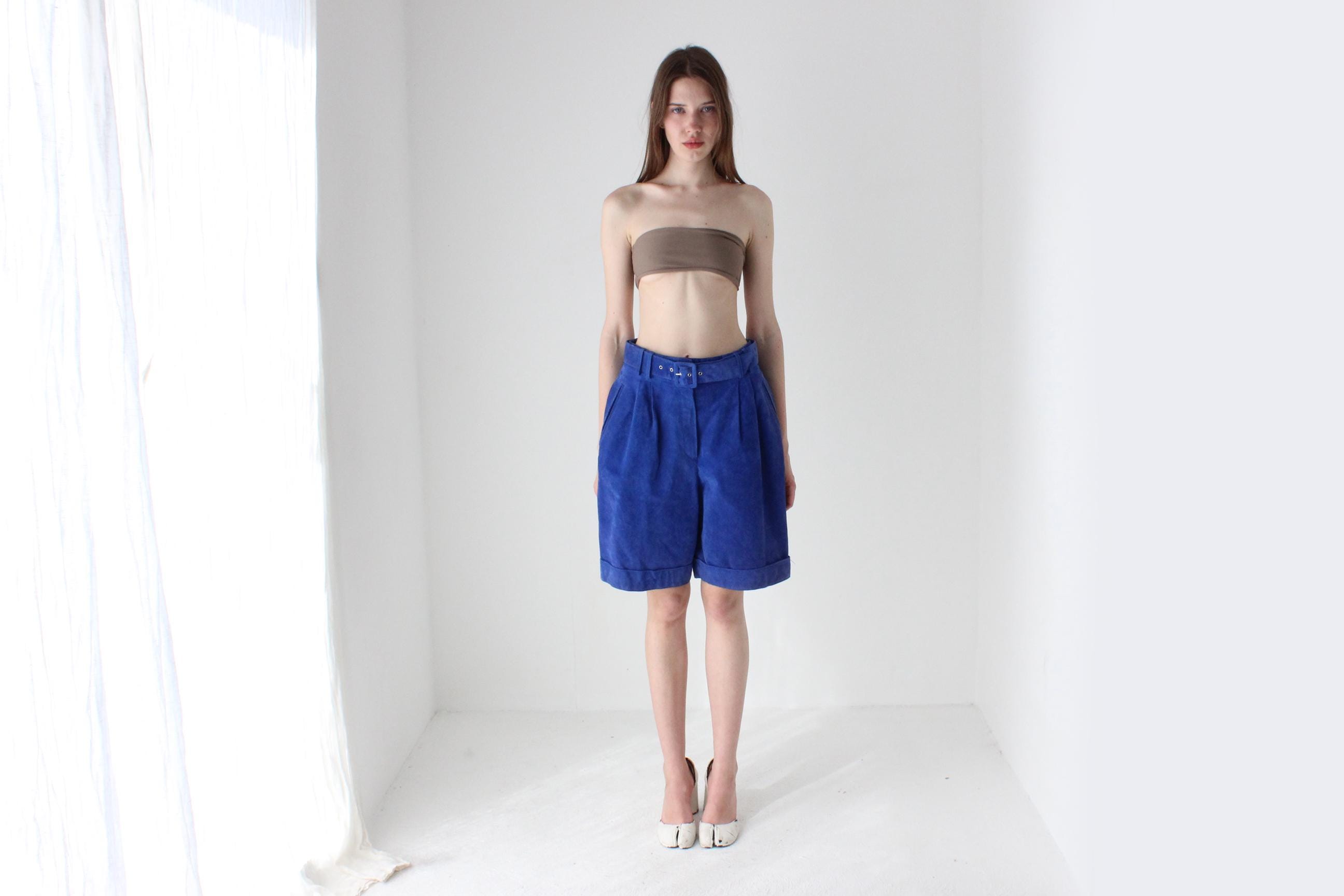 80s Cobalt Suede Knee Length Shorts w/ Belt