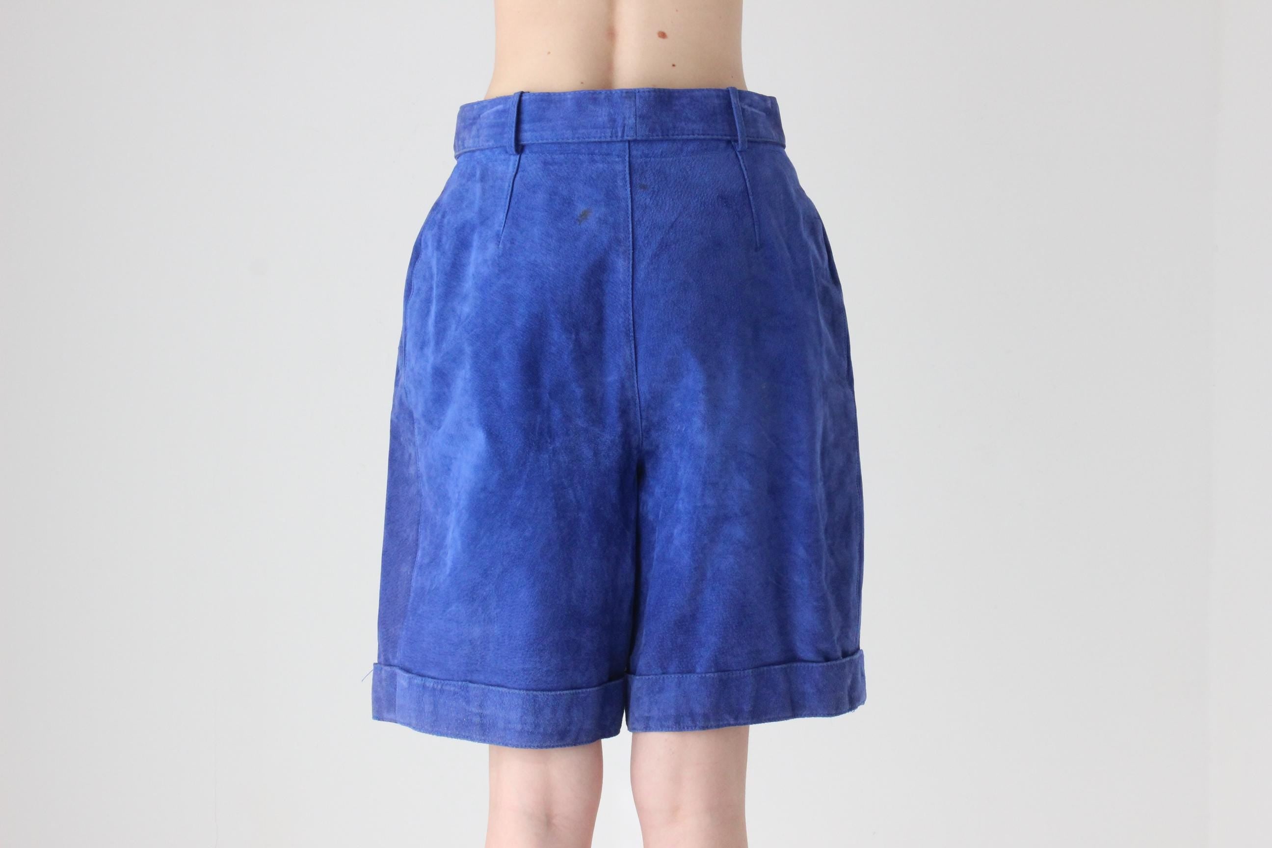 80s Cobalt Suede Knee Length Shorts w/ Belt