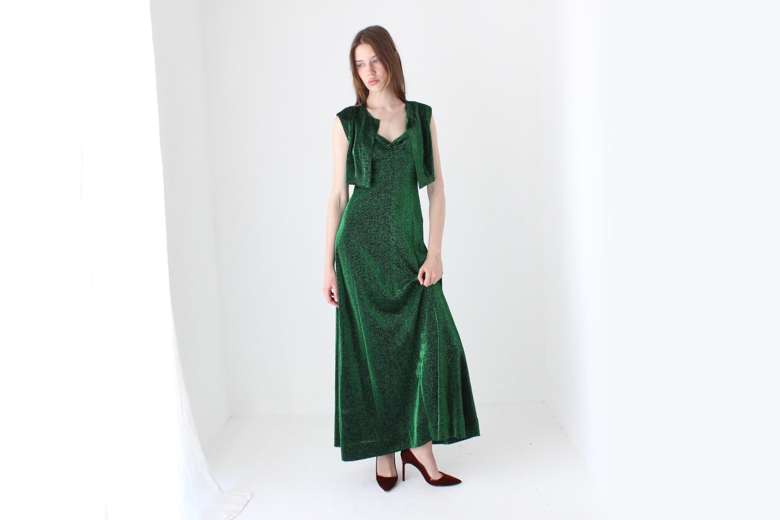 70s Moss Green Metallic Lurex Disco Gown w/ Matching Bolero