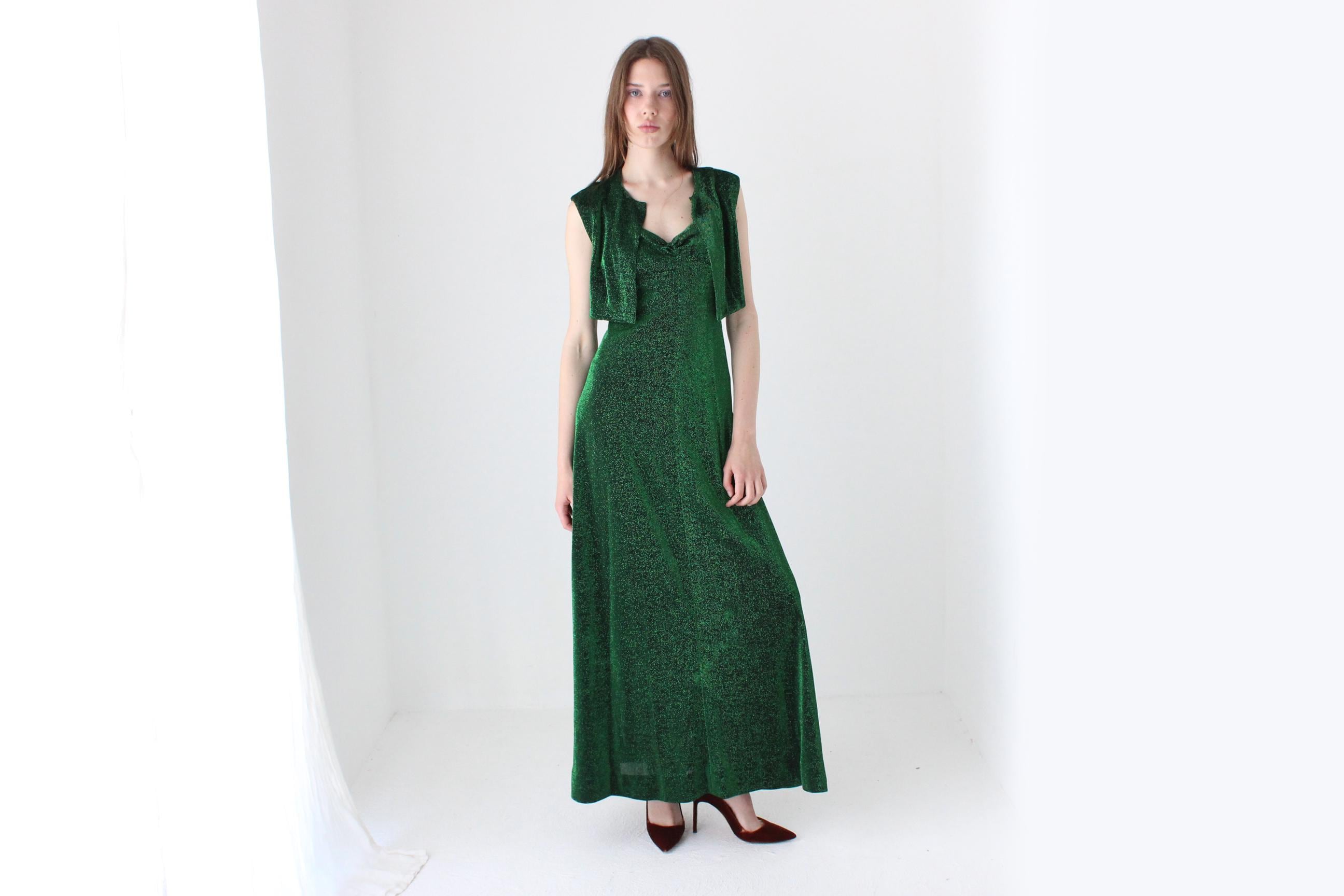 70s Moss Green Metallic Lurex Disco Gown w/ Matching Bolero