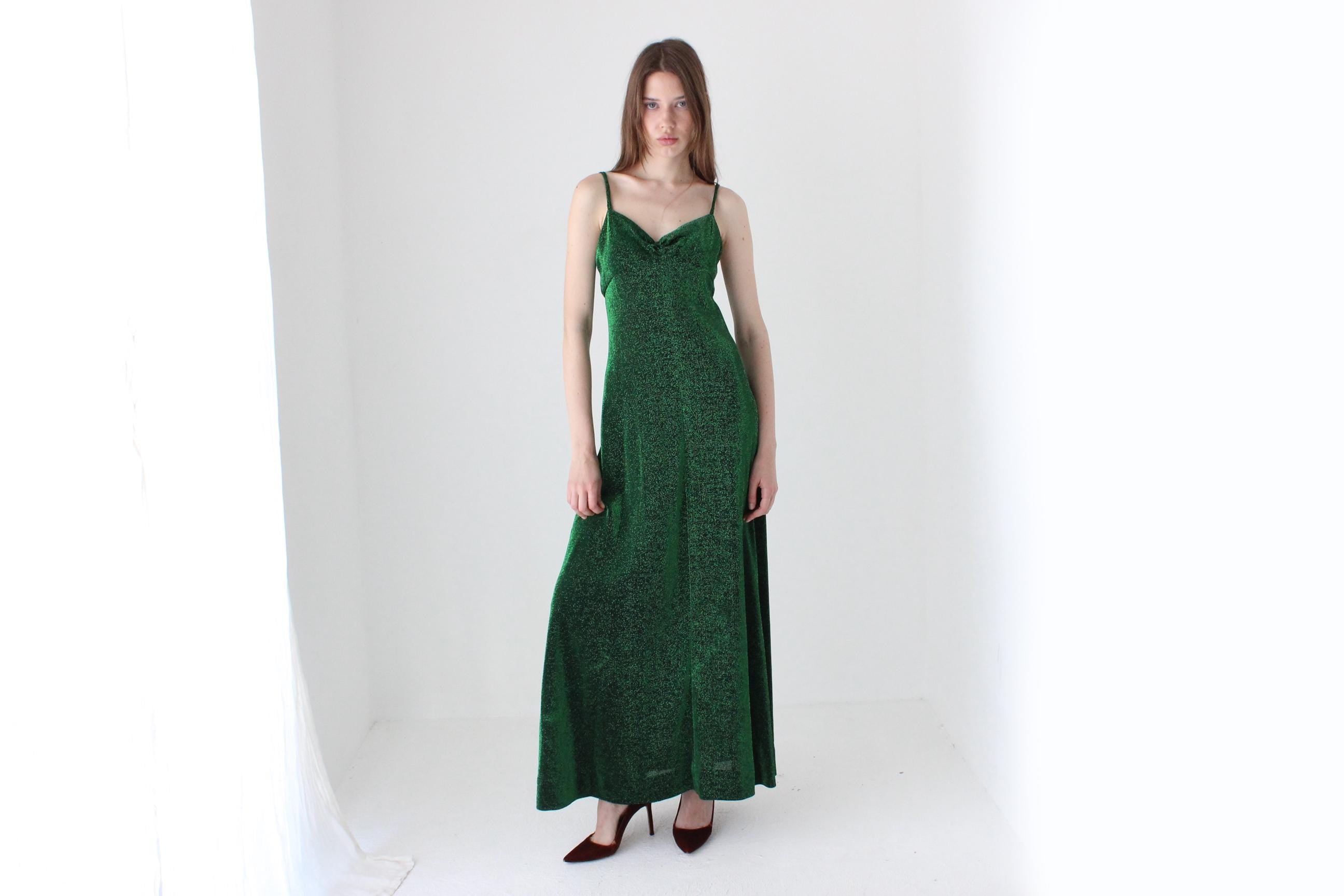 70s Moss Green Metallic Lurex Disco Gown w/ Matching Bolero