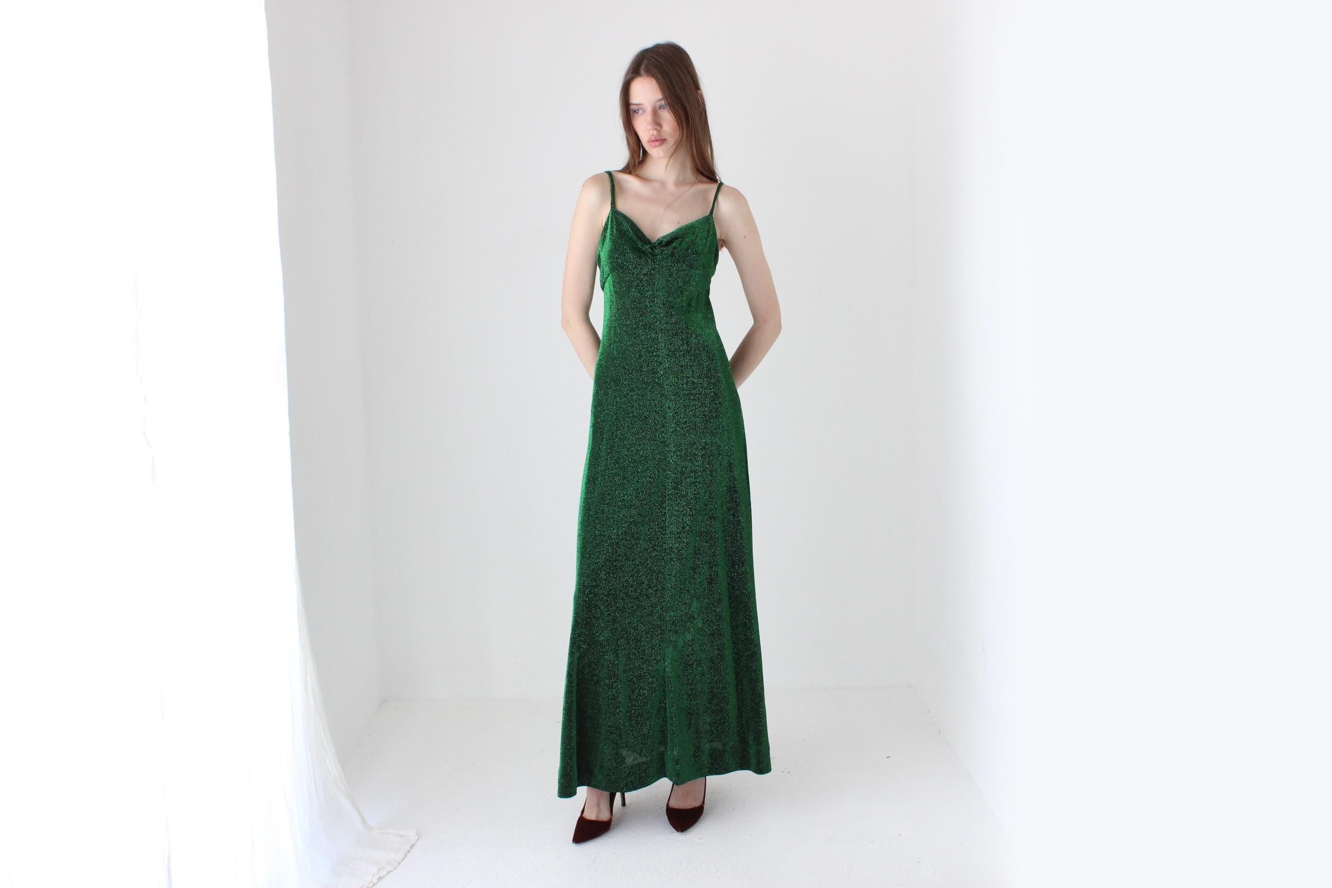 70s Moss Green Metallic Lurex Disco Gown w/ Matching Bolero