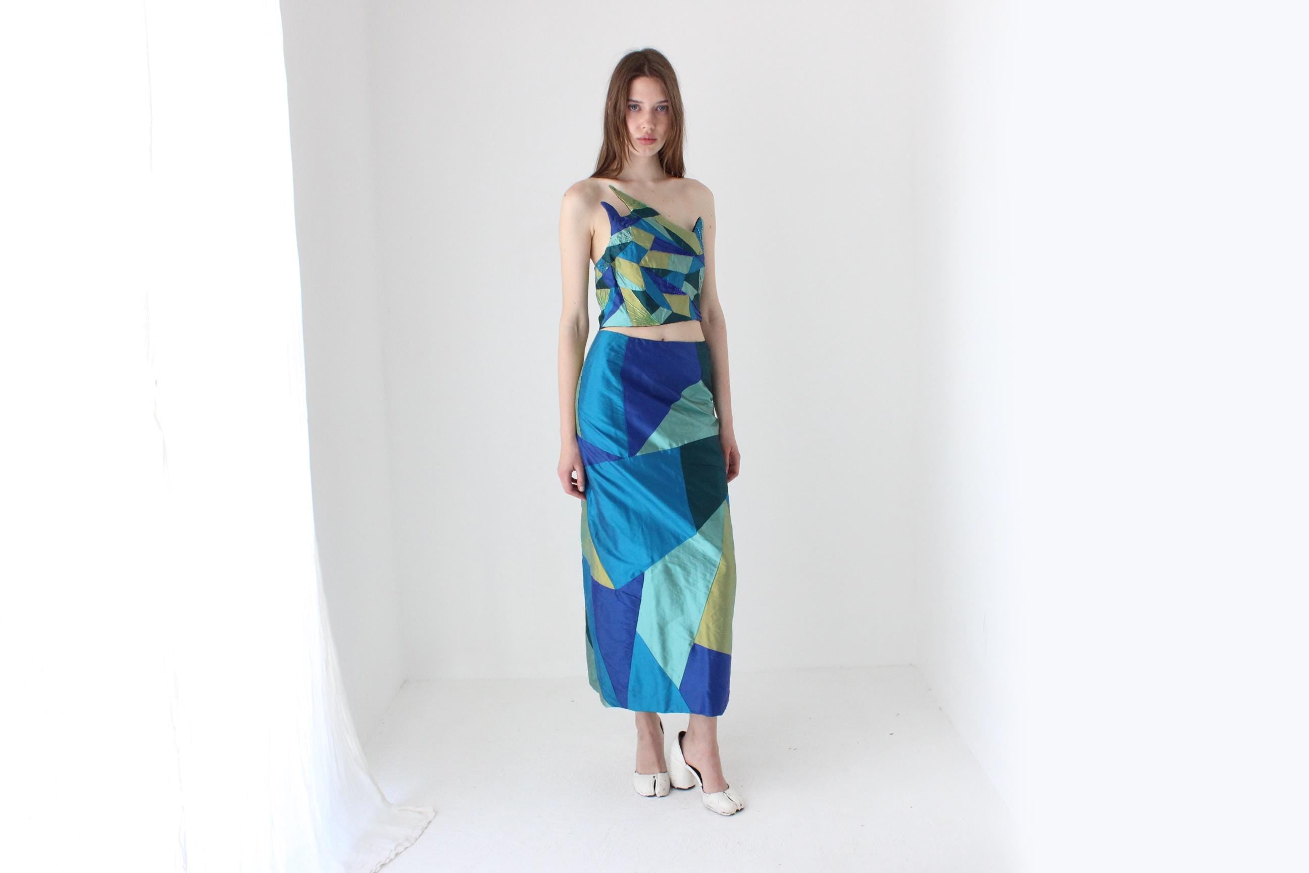 90s Thai Silk Patchwork Two Piece Top & Skirt Set