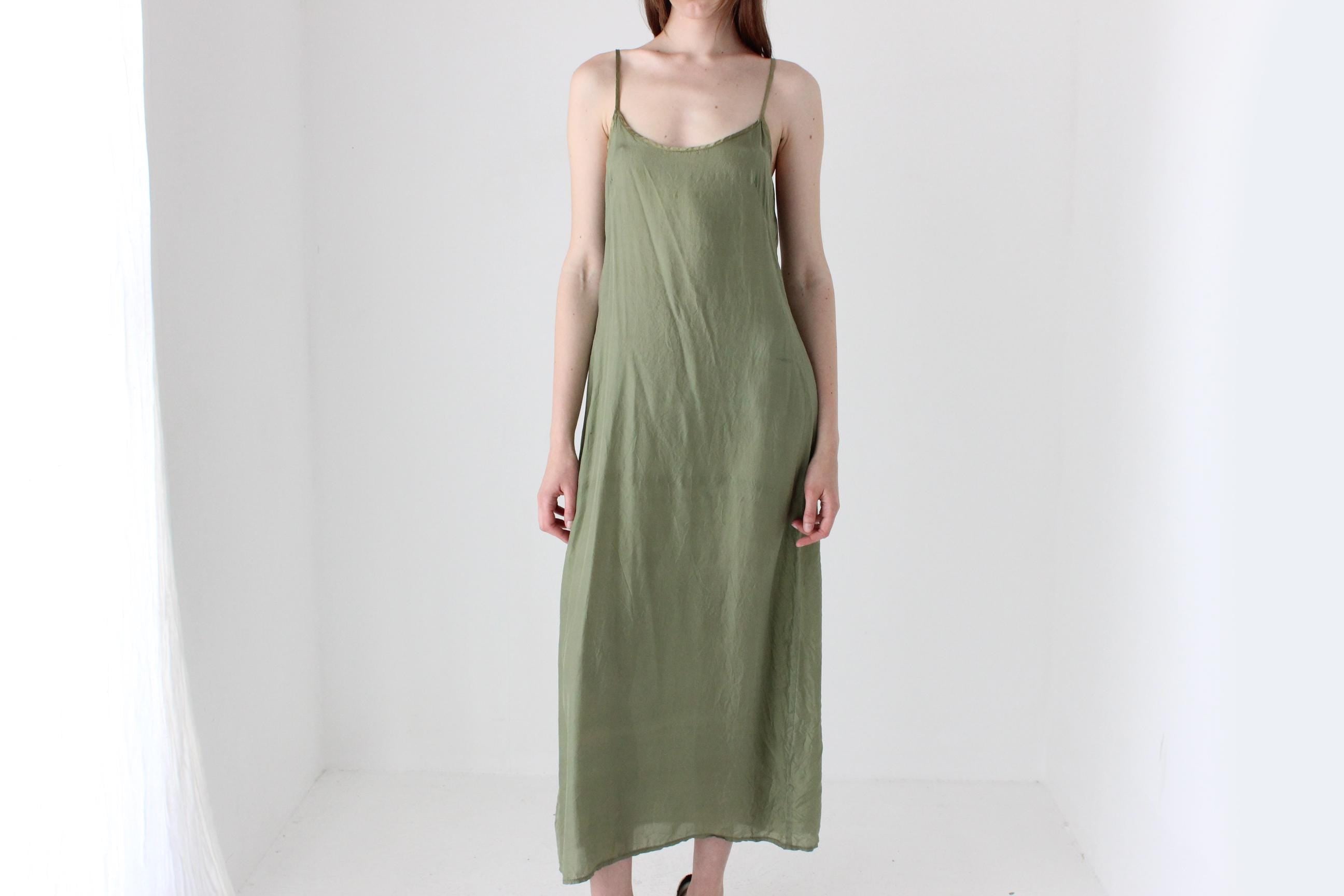90s Pure Silk Olive Green Relaxed Slip