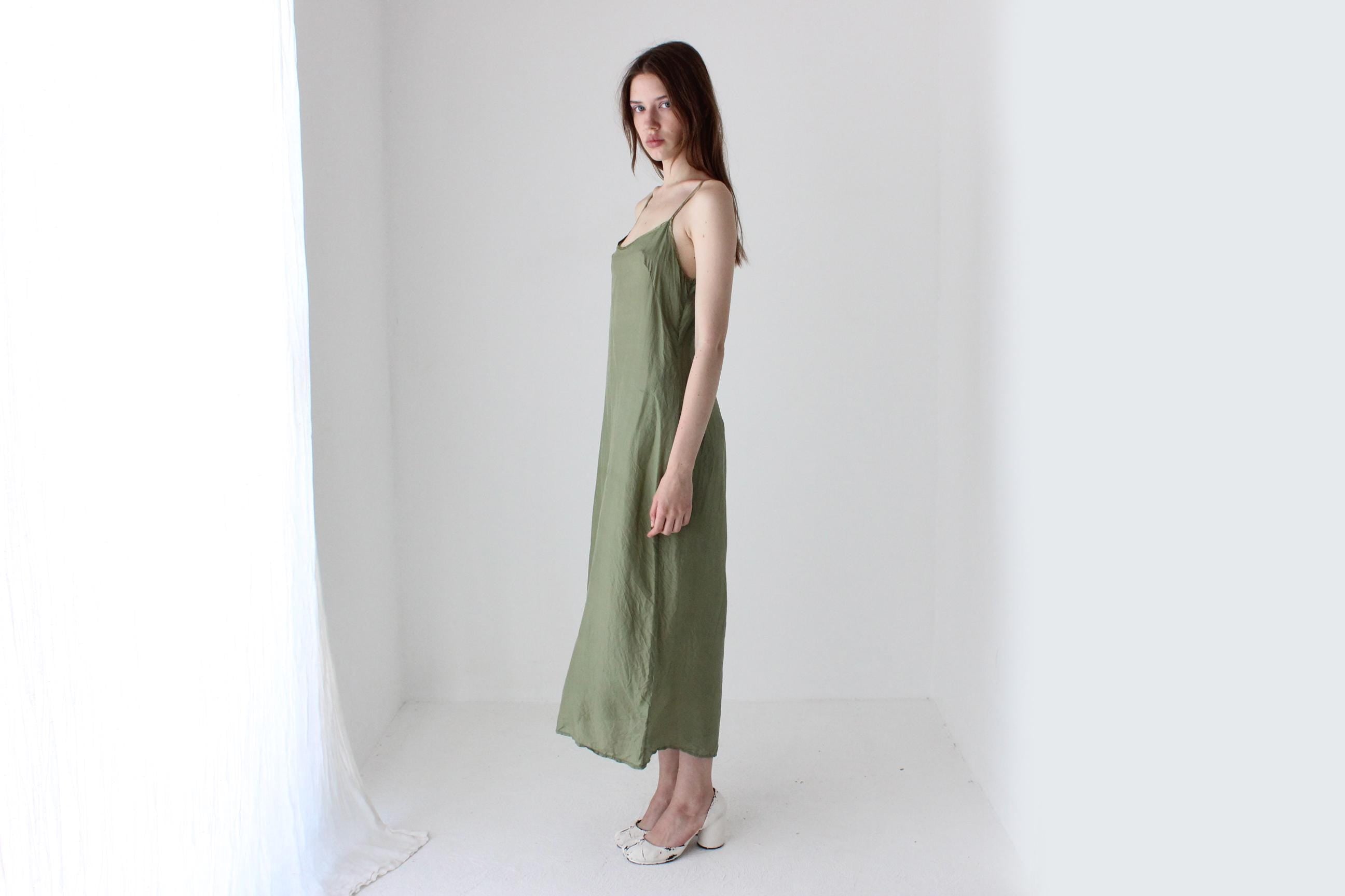 90s Pure Silk Olive Green Relaxed Slip