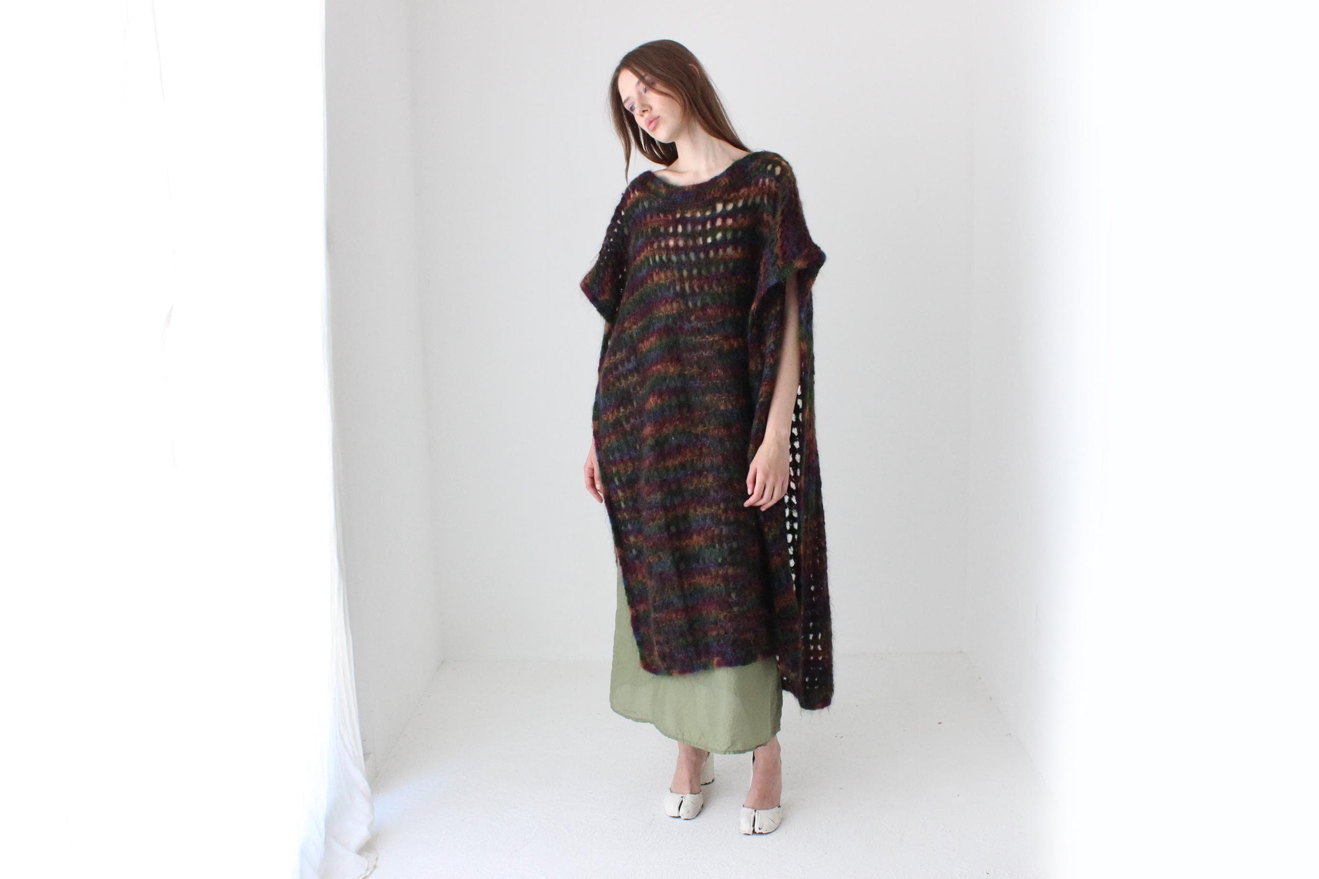 90s Hand Knit Mohair Free Size Open Sided Poncho Dress