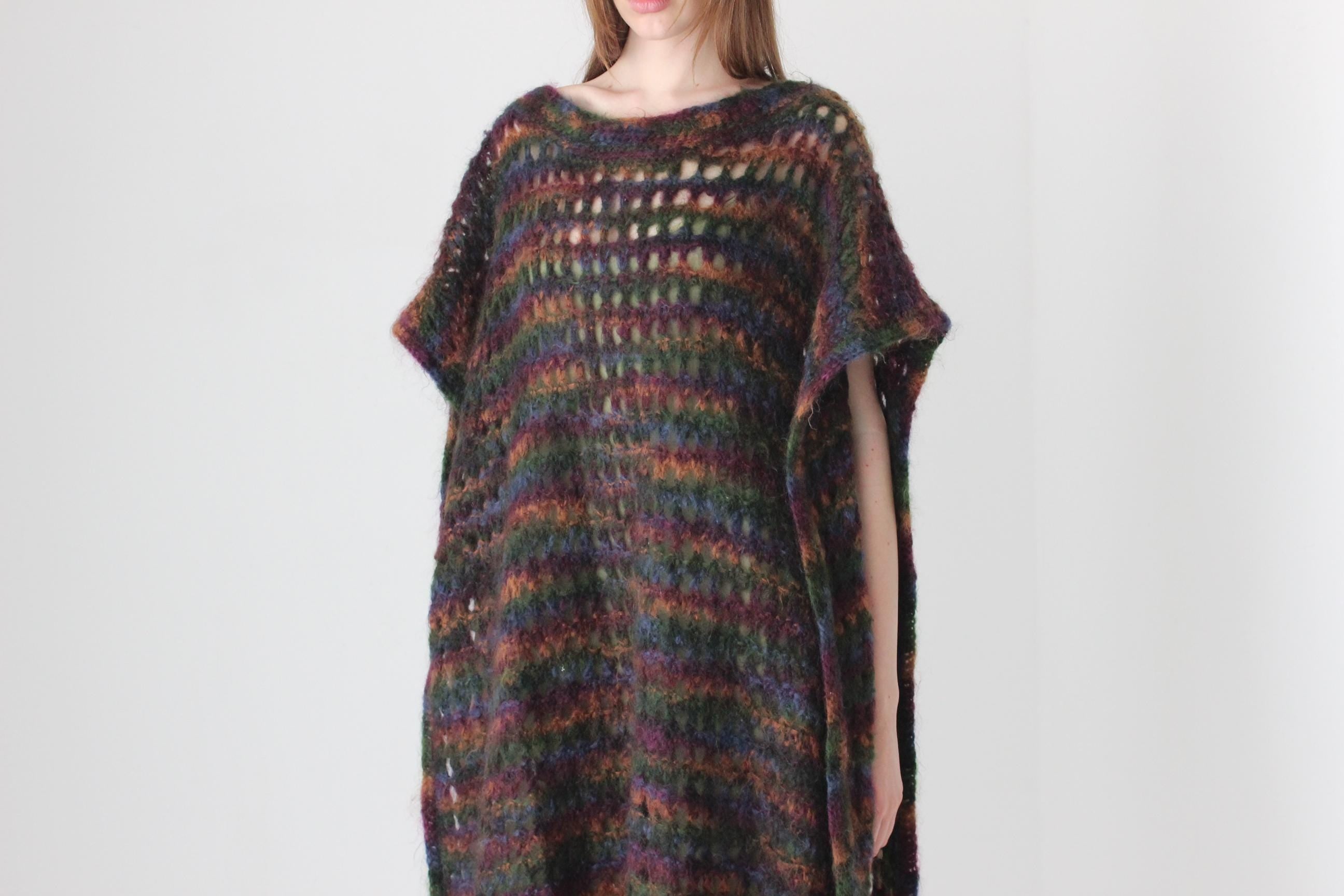 90s Hand Knit Mohair Free Size Open Sided Poncho Dress