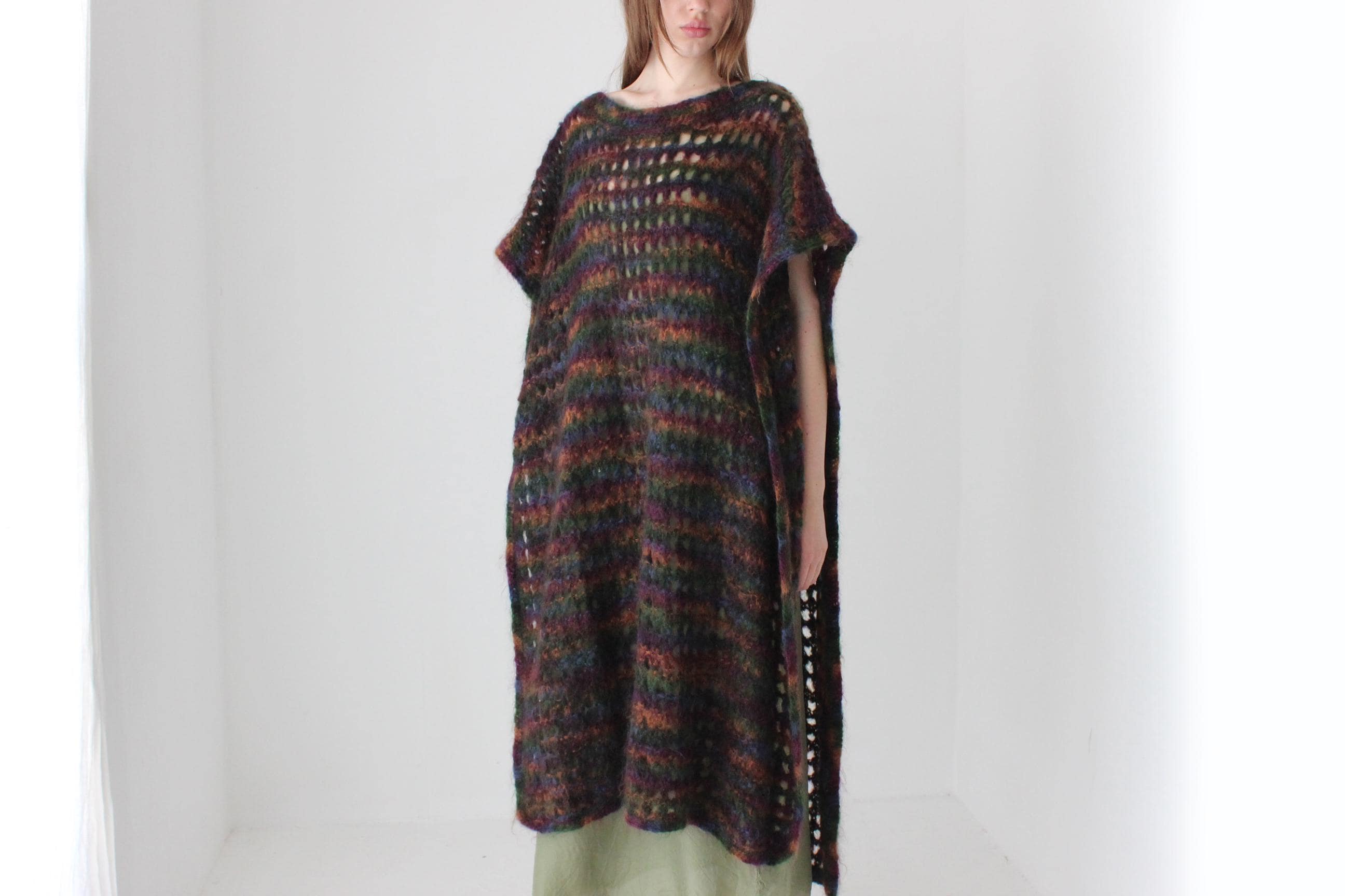 90s Hand Knit Mohair Free Size Open Sided Poncho Dress