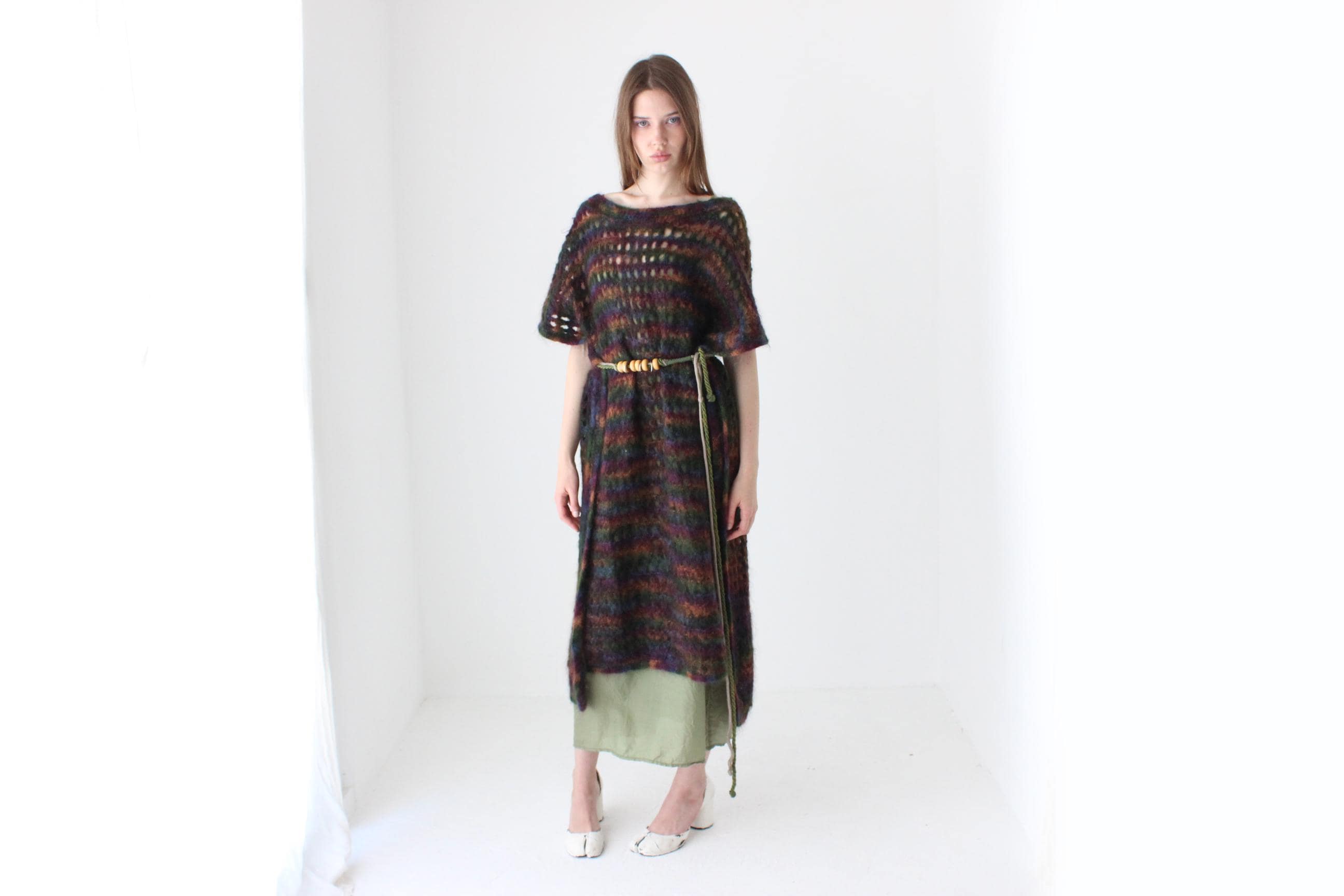 90s Hand Knit Mohair Free Size Open Sided Poncho Dress