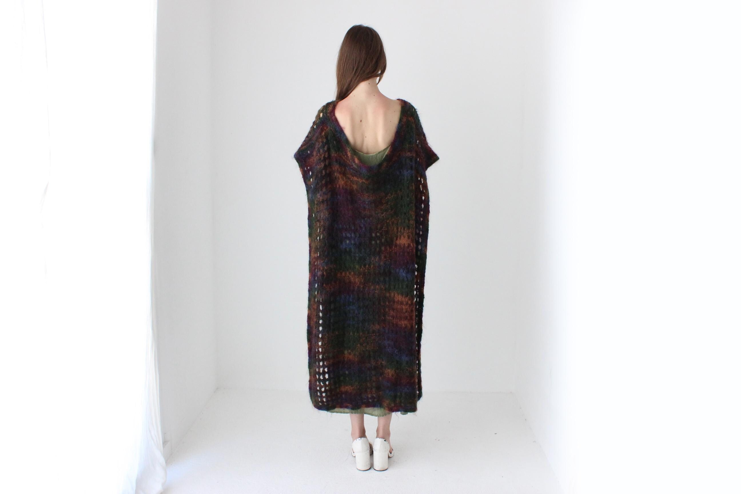 90s Hand Knit Mohair Free Size Open Sided Poncho Dress