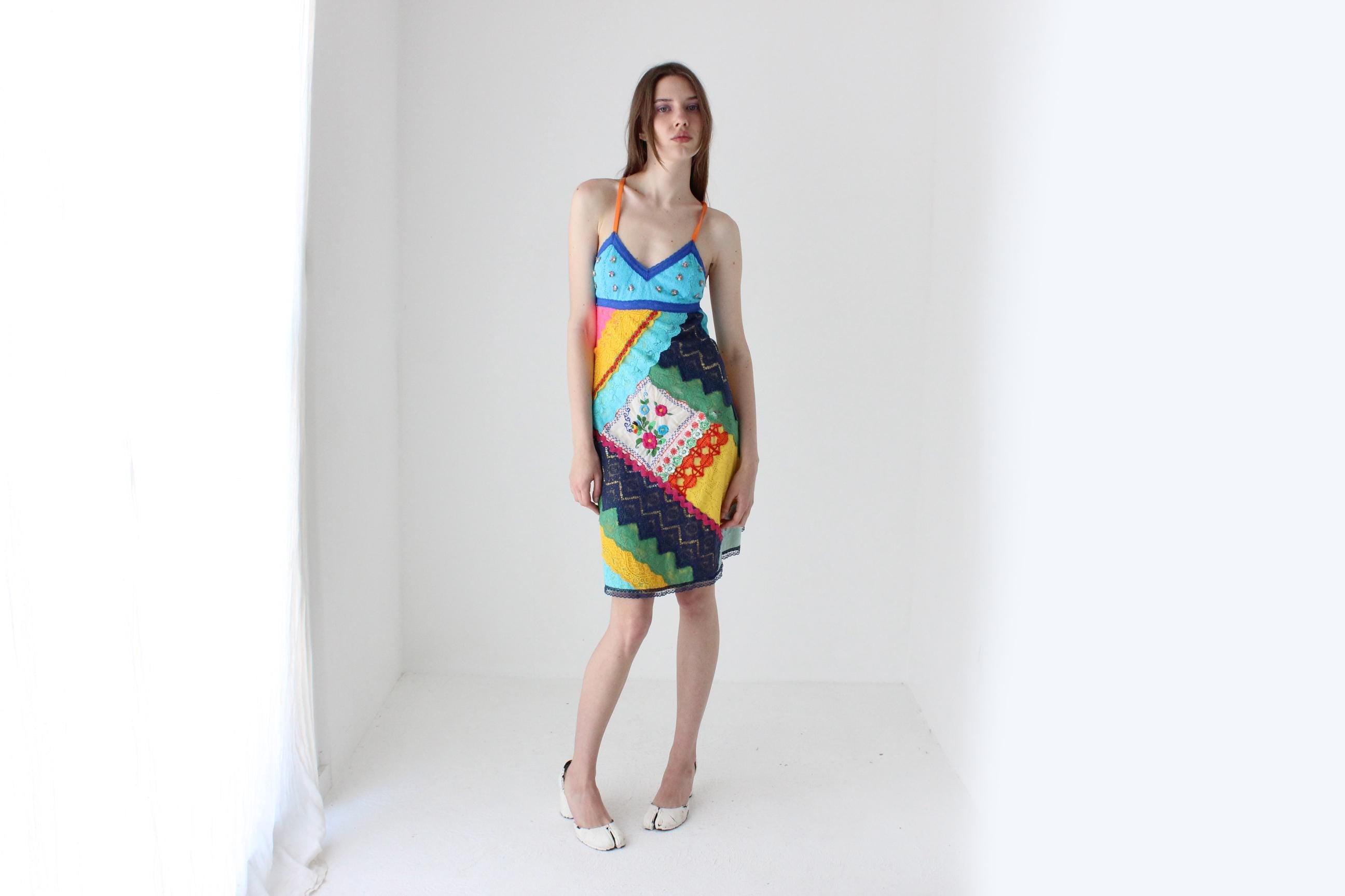 90s Bright Patchwork Lace Halter Dress