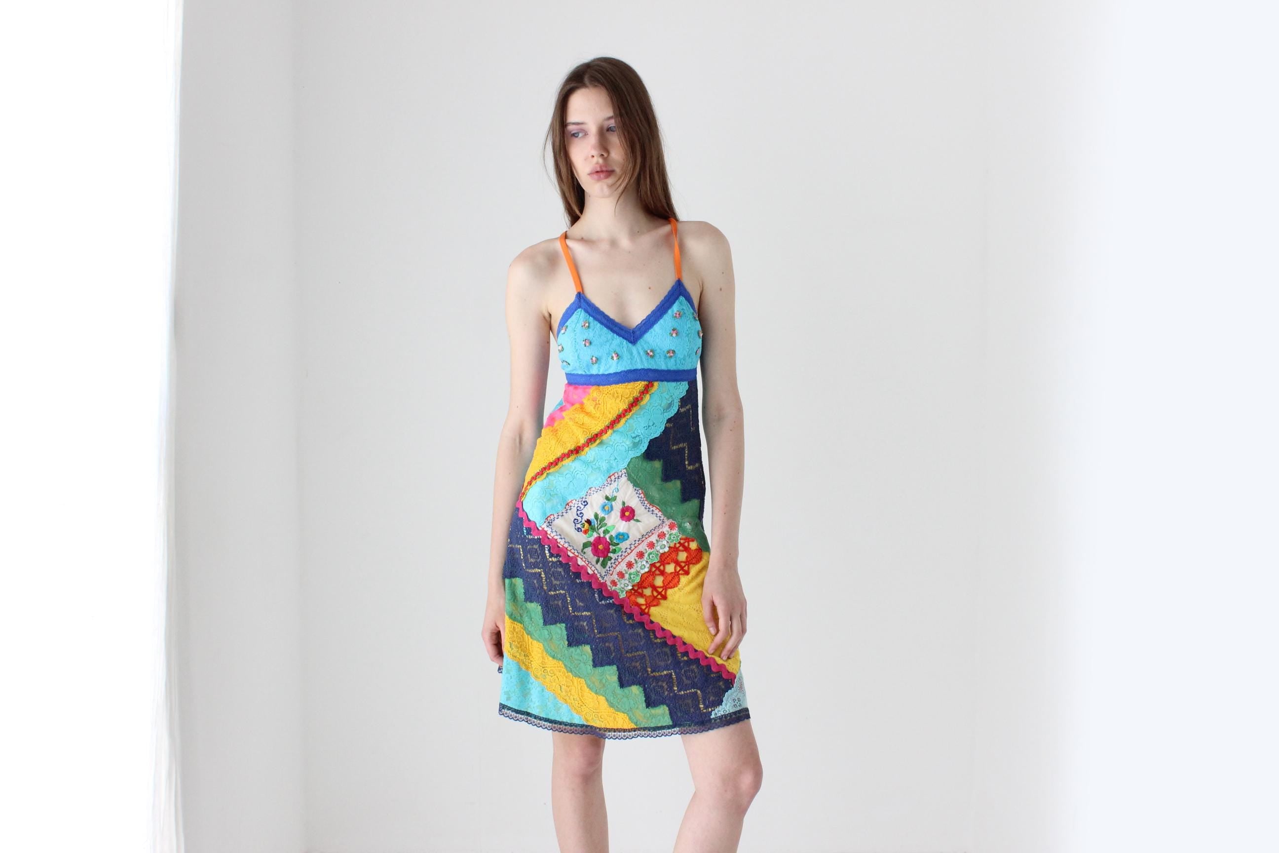 90s Bright Patchwork Lace Halter Dress